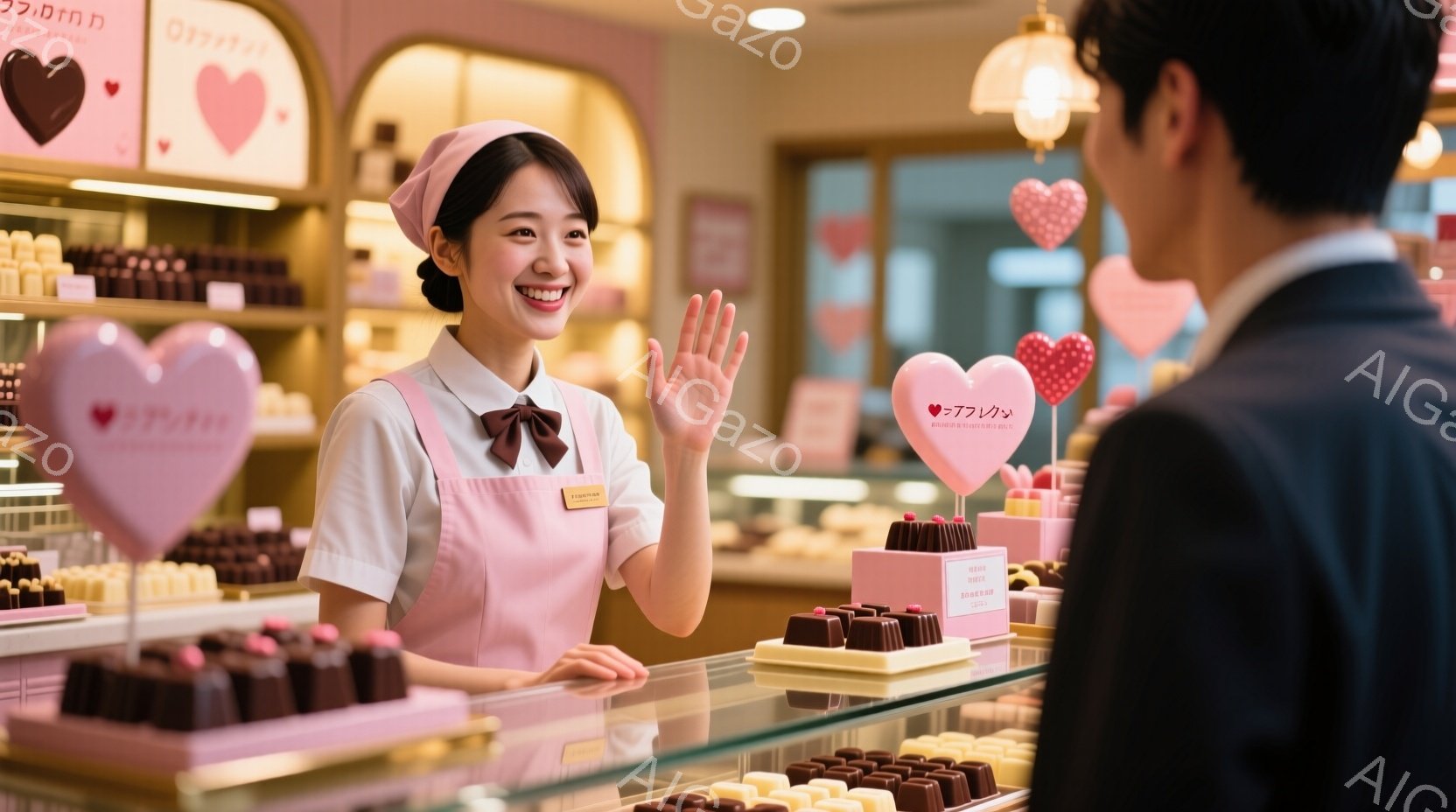 女性はピンク色の制服を着て、笑顔で手を振っています。彼女は明るい茶色の髪をハーフアップにし、胸には名前タグをつけています。背景にはチョコレートが並んだショーケースがあり、店内は明るく華やかな雰囲気です。