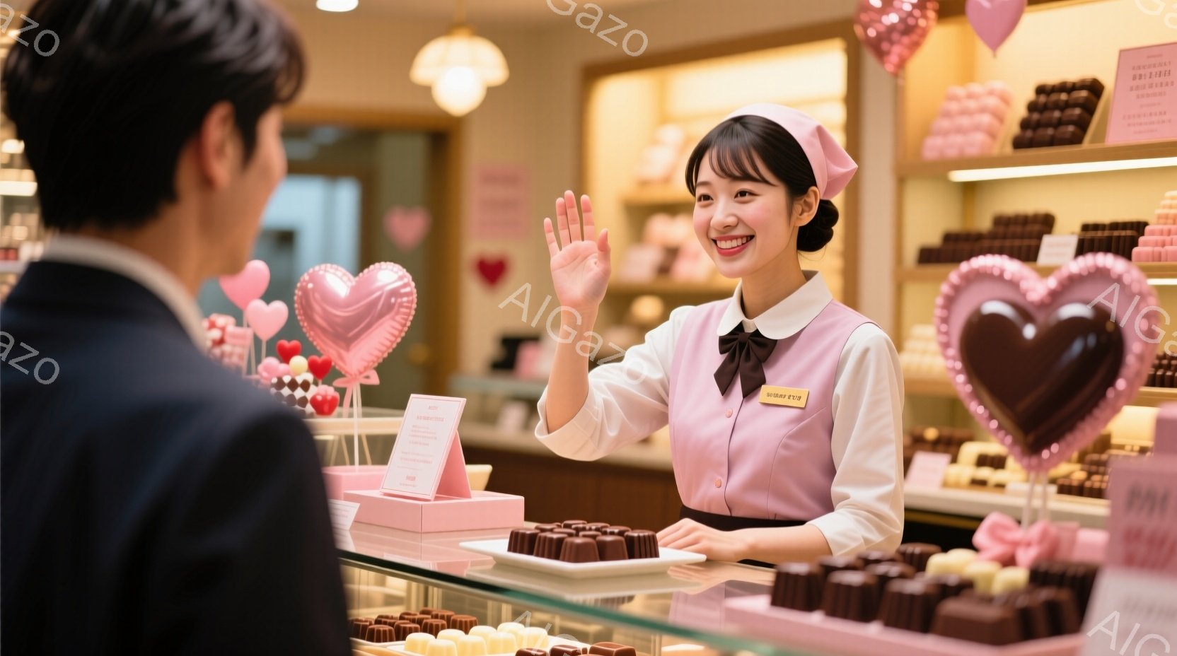画像には、ピンク色の制服を着た女性が写っており、頭には控えめな帽子をかぶっています。彼女は笑顔で手を振っており、親しみやすい印象を与えています。背景にはチョコレートが並んだショーケースがあり、バレンタインデーを連想させる暖かく甘い雰囲気が漂っています。