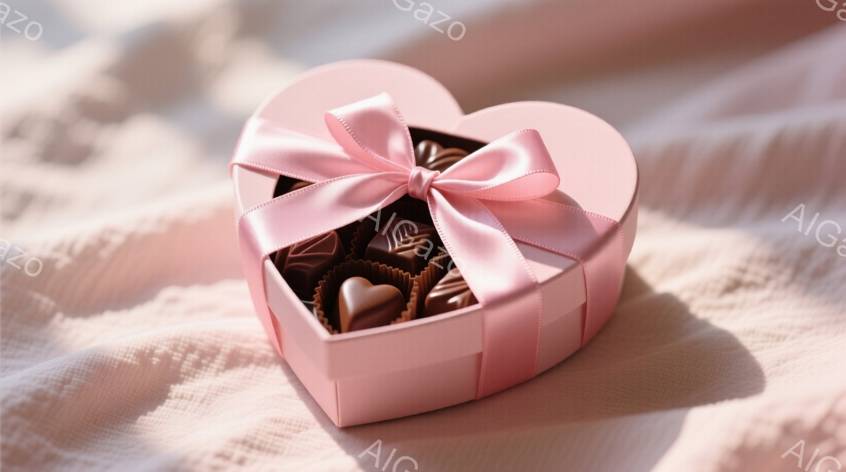 淡いピンク色のハート型の箱が、しわのあるピンク色の布の上に置かれています。箱の中には、様々な形のチョコレートが並んでおり、リボンで可愛らしく飾られています。全体的に柔らかい光が差し込み、甘くてロマンチ - AI生成フリー素材