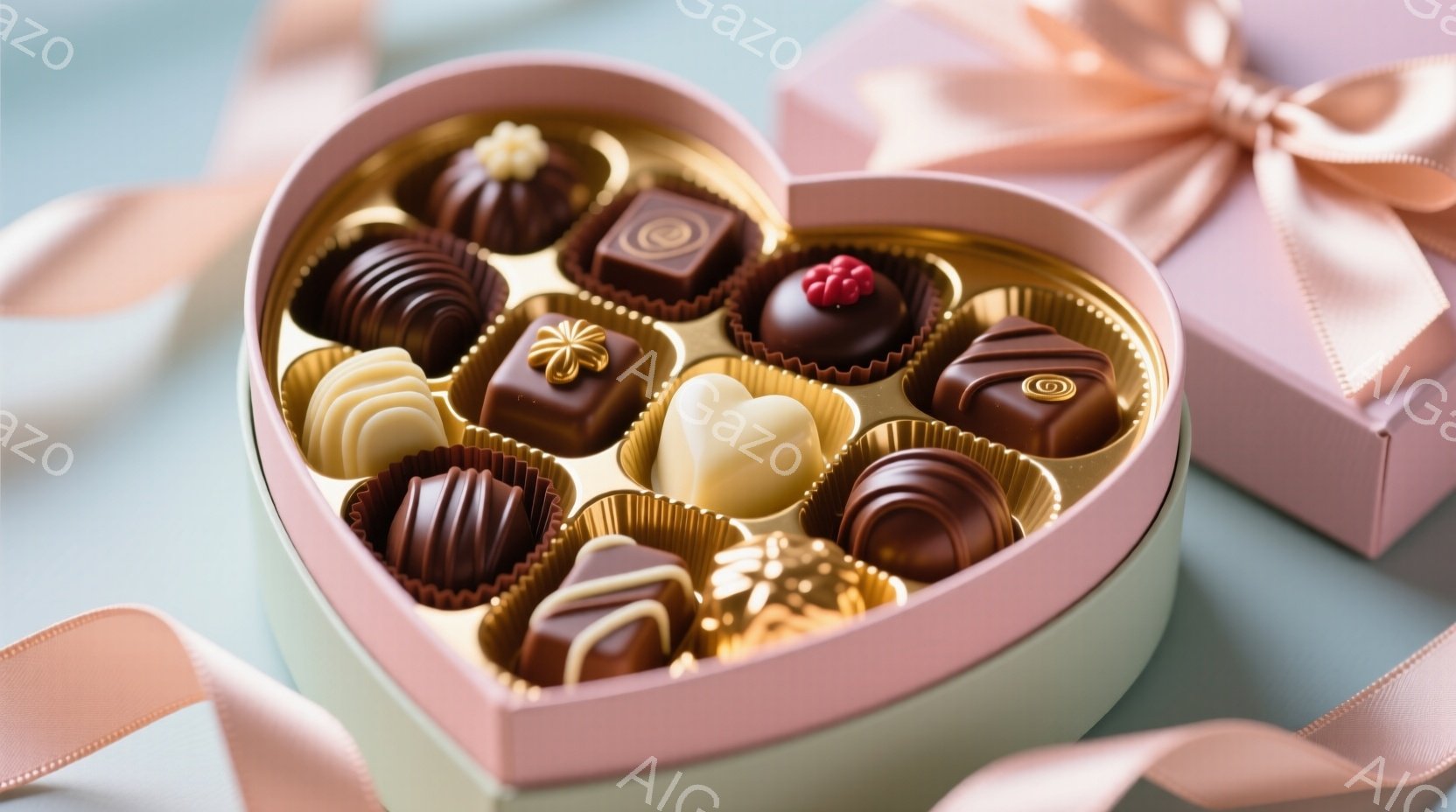 ハート型のピンクとクリーム色の箱の中に、金色の包装紙で包まれた様々なチョコレートが並べられています。リボンが結ばれた別の箱がぼやけて背景にあり、全体的に甘く、ロマンチックな雰囲気を醸し出しています。チ - AI生成フリー素材