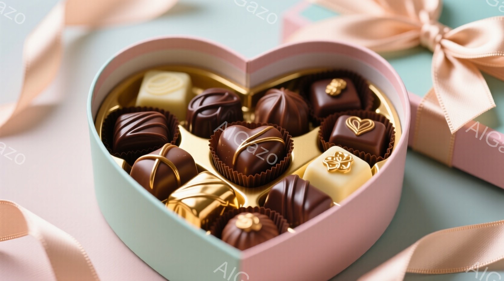 ハート型の淡いピンク色の箱の中に、様々な種類のチョコレートがぎっしりと詰まっています。チョコレートは、ミルクチョコレート、ホワイトチョコレート、ダークチョコレートなど、色々な色と形をしており、金色の装飾が上品さを添えています。箱は薄いピンクのリボンで結ばれており、全体的に優雅で甘い雰囲気を醸し出しています。