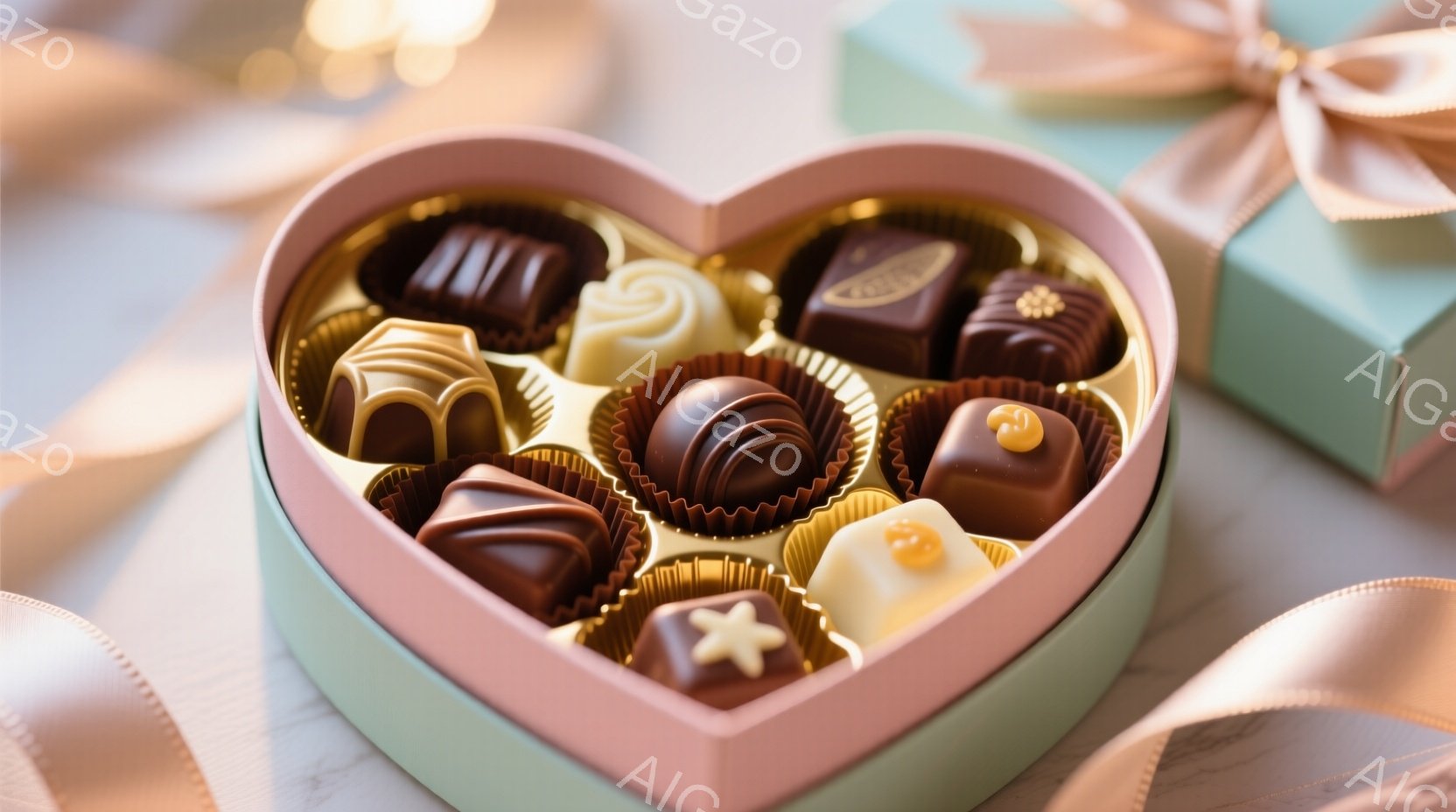 ハート型の箱の中に、様々な種類のチョコレートが並んでいます。チョコレートは茶色、白、ベージュなど多様な色合いで、それぞれに繊細な模様が施されています。背景には、薄いピンク色のリボンと、ぼやけた緑色のギ - AI生成フリー素材