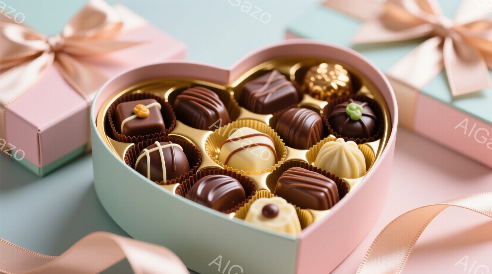 ターコイズブルーの背景に、淡いピンク色のギフトボックスと、明るいミントグリーンのハート型の箱が置かれています。ハートの箱の中には、さまざまな種類のチョコレートが金色のカップケーキライナーに並んでおり、 - AI生成フリー素材