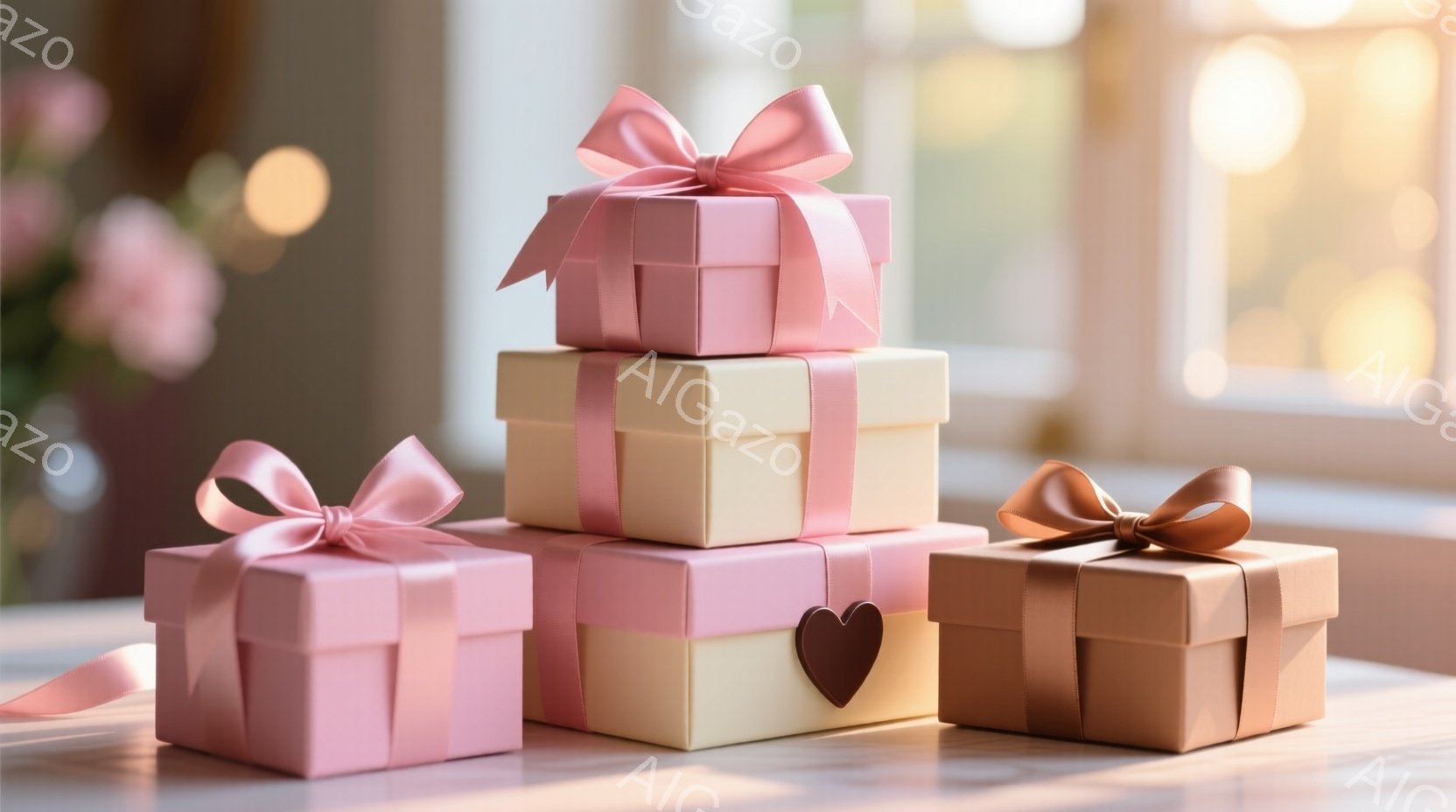 柔らかい光の下、ピンク、ベージュ、茶色のギフトボックスが積み重ねられています。ハート型の切り抜きが施されたボックスもあり、可愛らしい印象を与えています。背景にはぼやけた花と窓があり、温かく穏やかな雰囲 - AI生成フリー素材