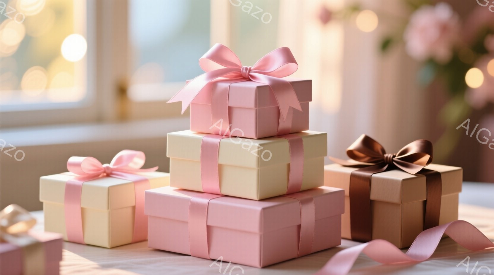 複数のギフトボックスが、柔らかい光の中で積み上げられています。ボックスはピンク、クリーム色、茶色の３色で、それぞれリボンが結ばれており、お祝いの雰囲気を醸し出しています。背景にはぼやけた花や光があり、ロマンチックで温かい印象を与えます。