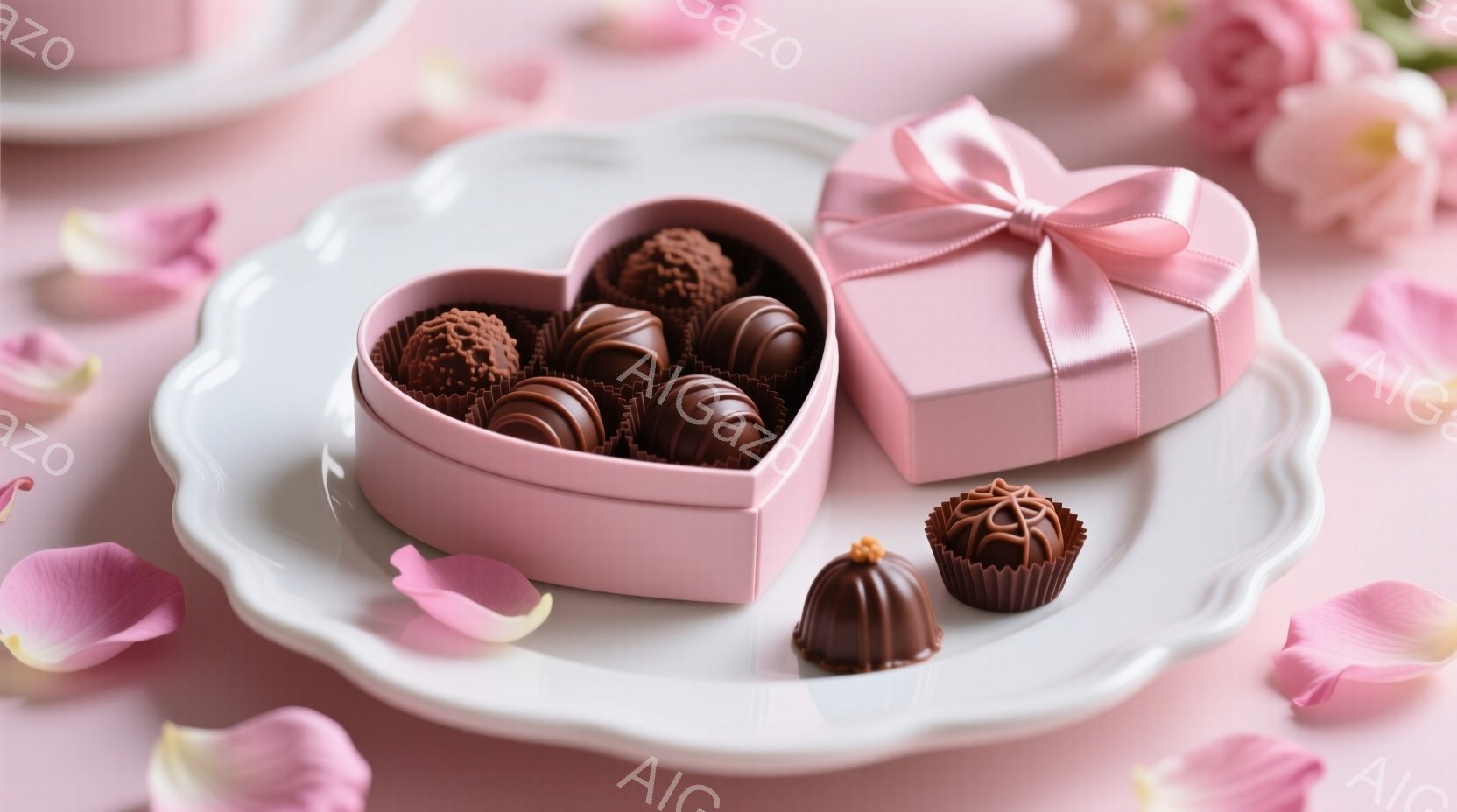 白い装飾的な皿の上に、ピンク色のハート型の箱が置かれており、中には様々なチョコレートが入っています。箱の周りや皿の上にはバラの花びらが散りばめられ、箱の隣には紙製のカップに入ったチョコレートが一つ置かれています。全体的に淡いピンク色と茶色が調和し、甘くロマンチックな雰囲気を醸し出しています。