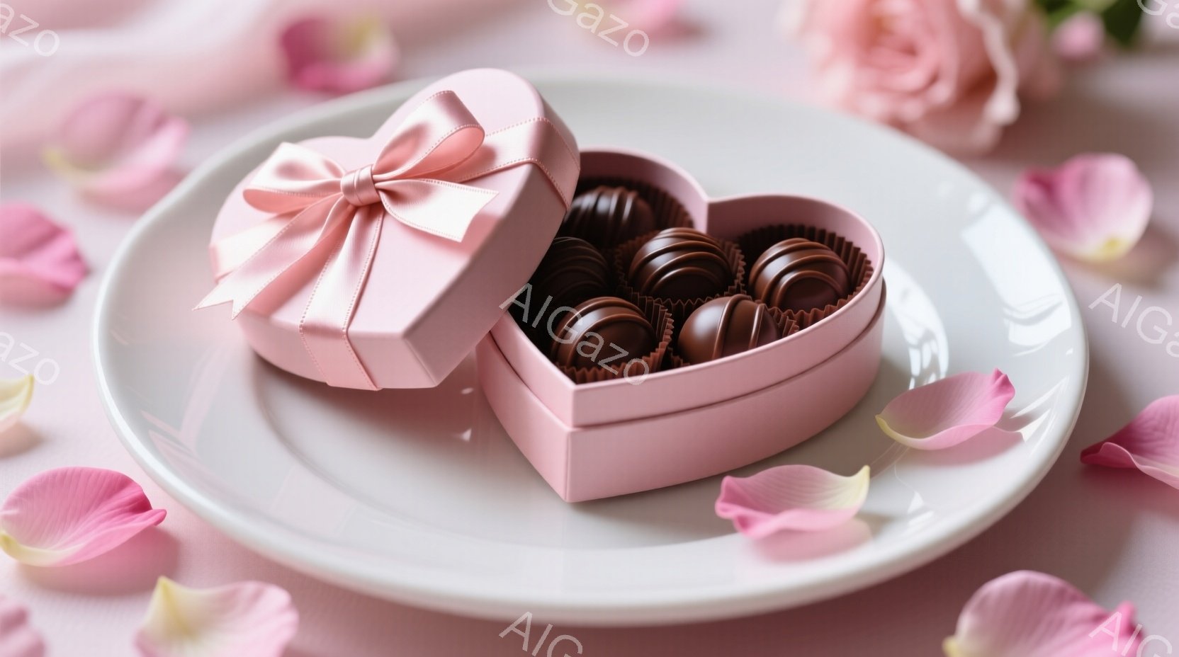薄いピンク色のハート型の箱が白い皿の上に置かれており、中にチョコレートがいくつか並んでいます。箱はリボンで結ばれており、皿の周りにはバラの花びらが散らばっています。全体的に柔らかく、ロマンチックな雰囲 - AI生成フリー素材
