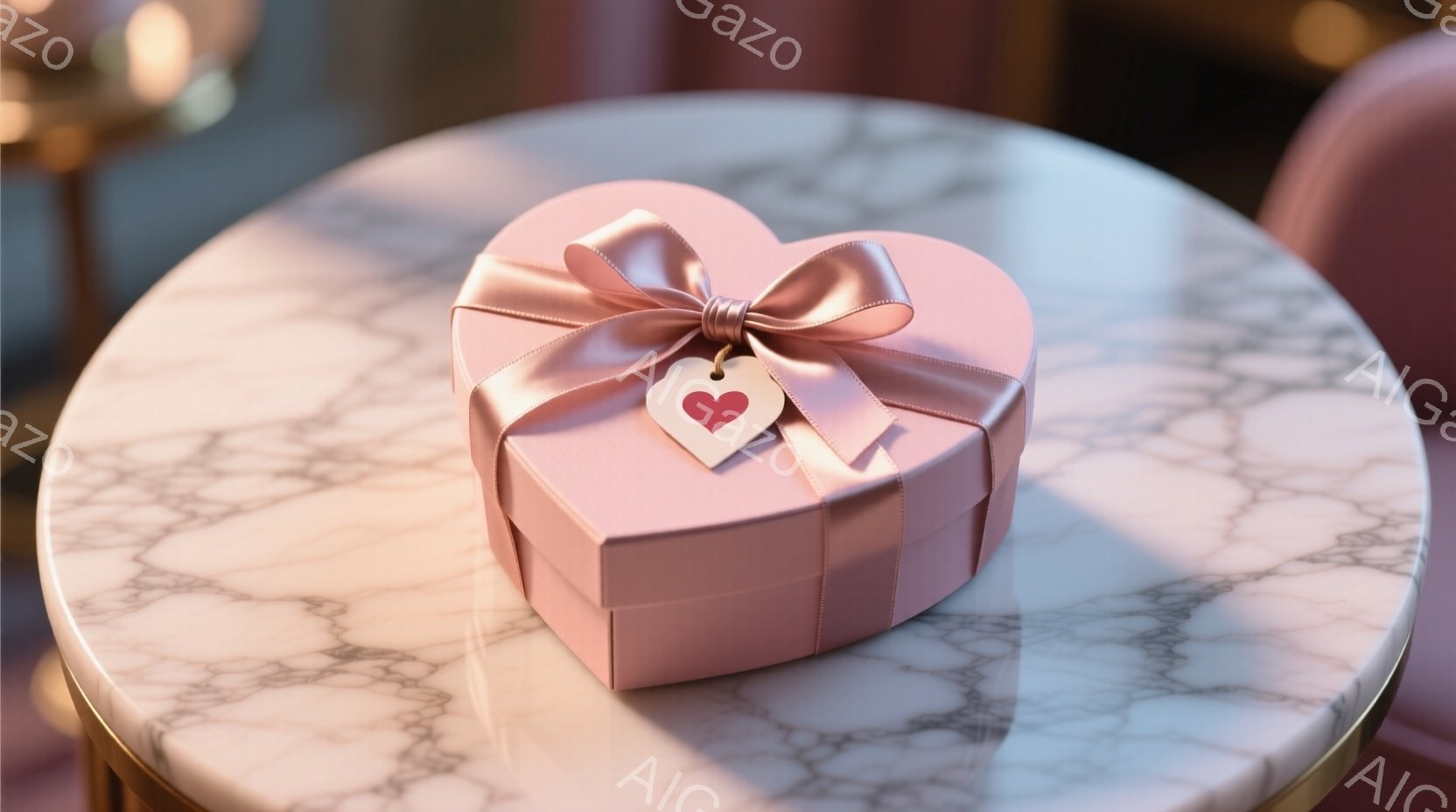 淡いピンク色のハート型のギフトボックスが、大理石模様のテーブルの上に置かれています。ボックスには薄いピンクのリボンが巻かれ、小さなハート型のタグが付いています。全体的に柔らかく、ロマンチックな雰囲気が漂っています。