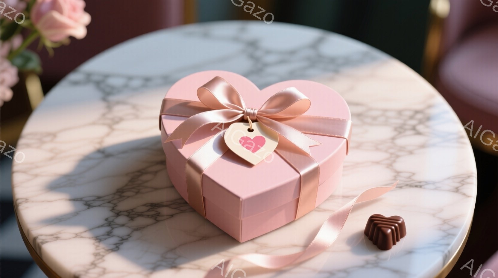薄いピンク色のハート型のギフトボックスが、大理石模様のテーブルの上に置かれています。リボンと小さなハートのタグが可愛らしく飾られ、その隣にはチョコレートが一つ置かれています。背景にはぼんやりと椅子が見 - AI生成フリー素材