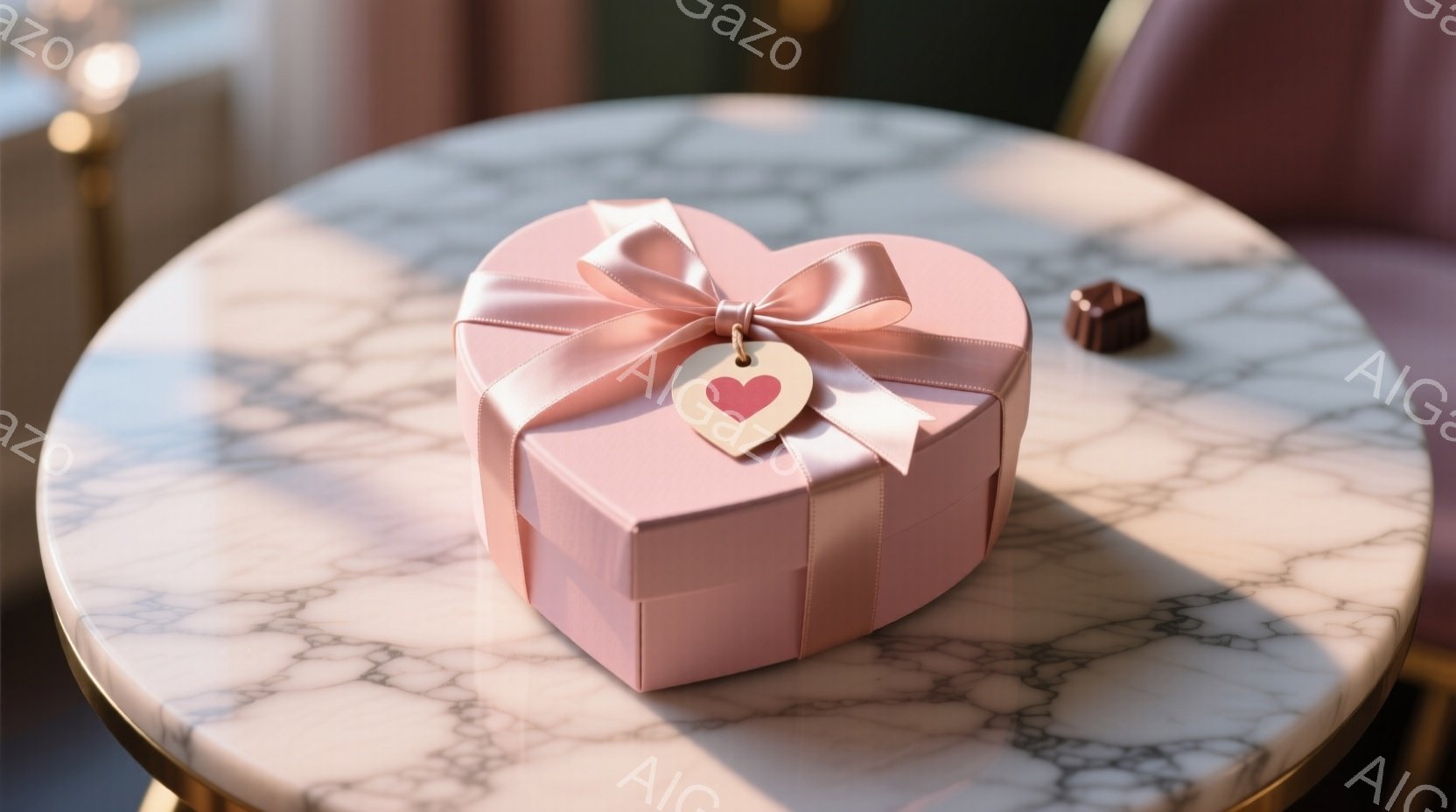 淡いピンク色のハート型のギフトボックスが、大理石調のテーブルの上に置かれています。ボックスには薄いピンクのリボンが結ばれ、ハート型のタグがついており、近くにはチョコレートが一つ置かれています。背景には - AI生成フリー素材