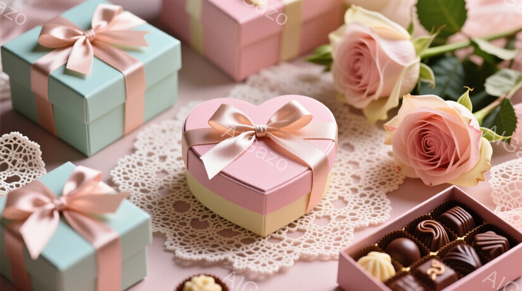 淡いピンクと水色のギフトボックスが、白いレースのドイリーの上に並べられています。ハート型のボックスには薄いピンクのリボンが結ばれており、隣には美しいピンクと白のバラが咲き誇っています。ボックスの横には - AI生成フリー素材