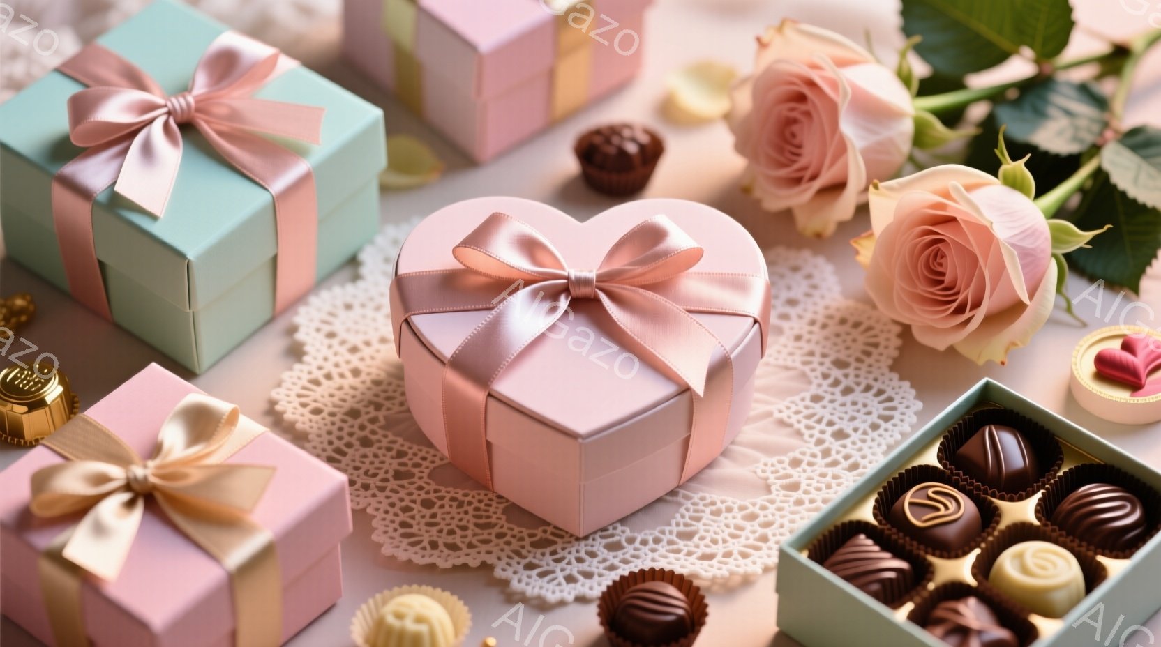 淡いピンクと水色のギフトボックスが、レースのドイリーの上に並べられています。ハート型のピンクの箱は特に目立ち、周囲にはチョコレートやバラの花が添えられています。全体的に優雅でロマンチックな雰囲気が漂い - AI生成フリー素材