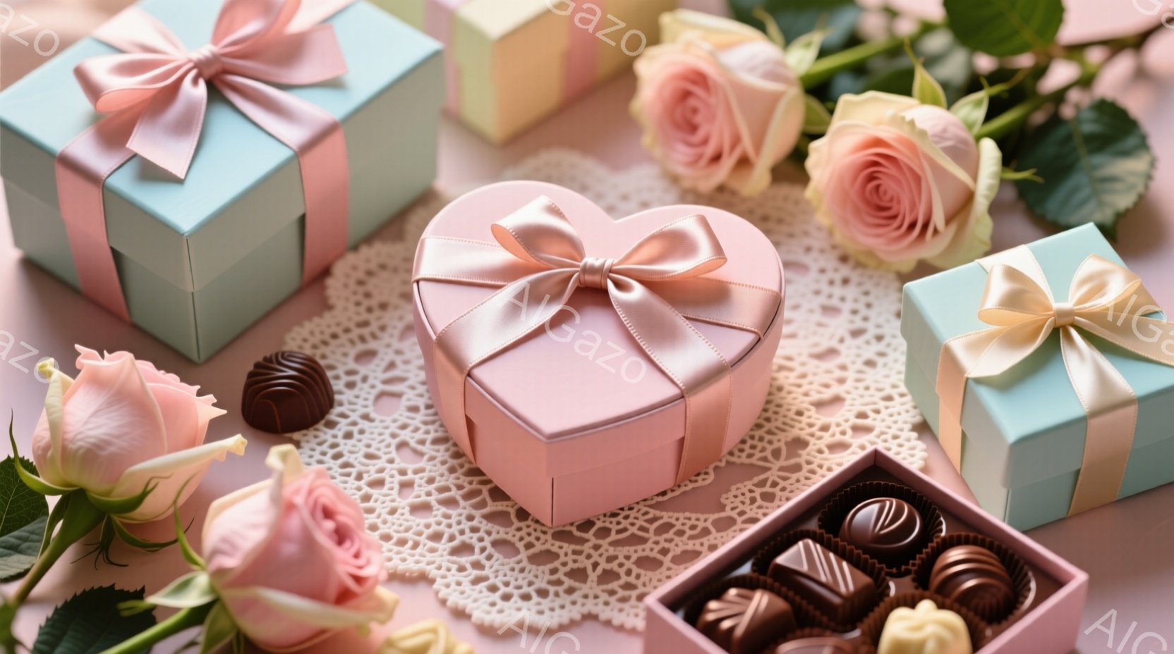 淡いピンクと水色のギフトボックス、バラ、チョコレートが、レースのドイリーの上に美しく配置されています。ハート型のピンクの箱には、光沢のあるリボンが結ばれており、周囲にはバラの花と、茶色とクリーム色のチョコレートが並べられています。全体的に、ロマンチックで優雅な雰囲気が漂う、バレンタインや記念日を彷彿とさせるイメージです。