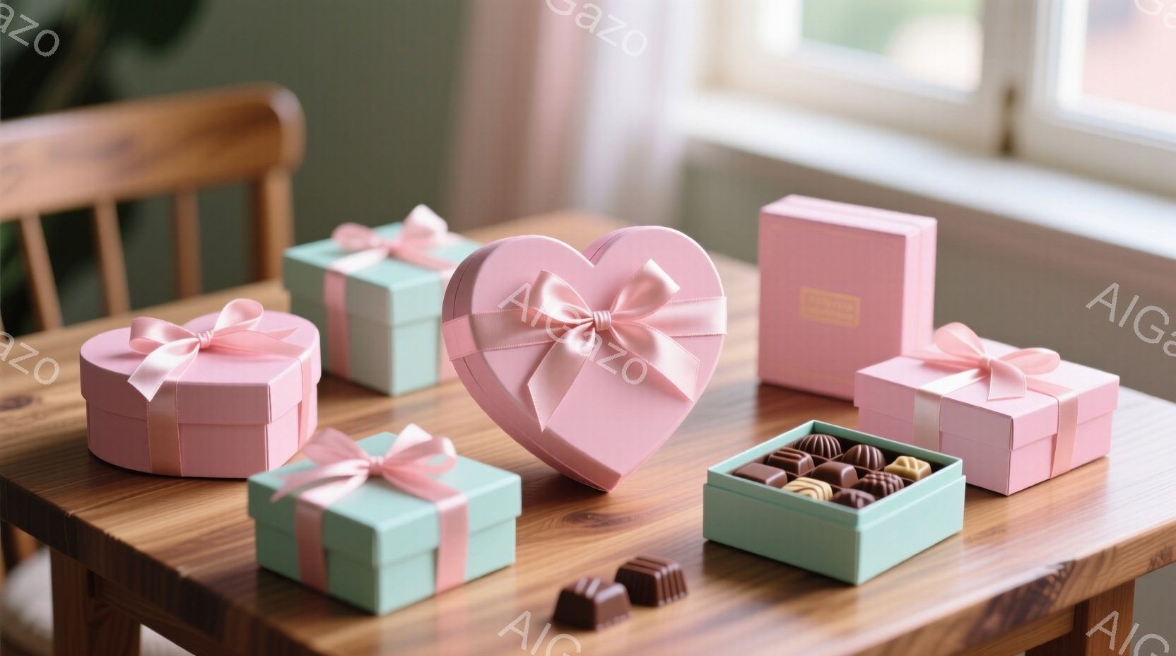 磨かれた木製のテーブルの上に、様々なピンクと水色のギフトボックスが並んでいます。ハート型のボックスを中心に、リボンが可愛らしく飾られています。中にはチョコレートがいくつか見え、甘くて優しい雰囲気が漂っ - AI生成フリー素材