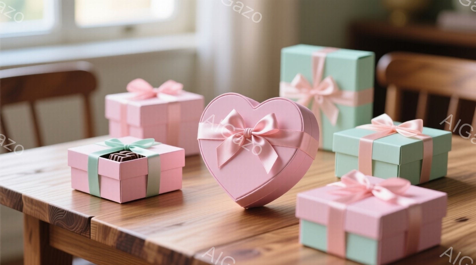テーブルの上には、ピンクと水色のギフトボックスがいくつか並んでいます。ハート型のピンクの箱も中央にあり、それぞれに淡いピンクのリボンがかけられています。木製のテーブルと背景のぼかしが、温かみのある優し - AI生成フリー素材