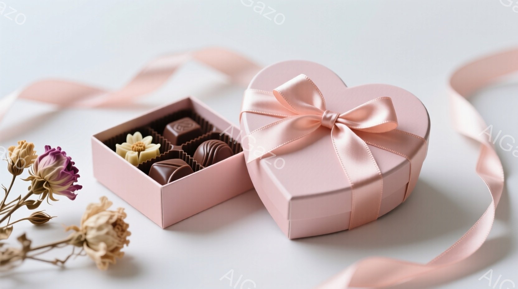 淡いピンク色のハート型の箱が、白い背景に置かれています。箱は開いており、中には様々なチョコレートが並んでいます。箱の隣には、枯れかけた花が添えられ、ロマンチックで優しい雰囲気を醸し出しています。 - AI生成フリー素材