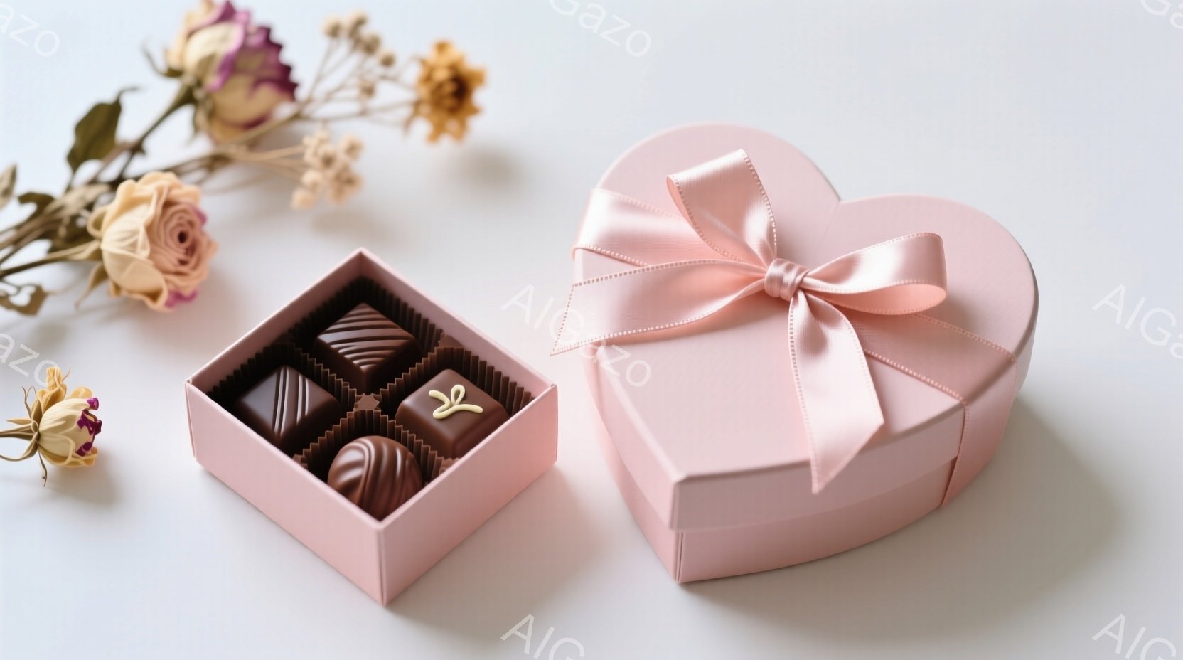 淡いピンク色のハート型の箱が、白い背景の上に開いて置かれています。中には、様々な模様が描かれたチョコレートが整然と並んでおり、その隣には枯れたピンクと黄色の花束が添えられています。全体的に柔らかい色調で、甘くロマンチックな雰囲気を醸し出しています。