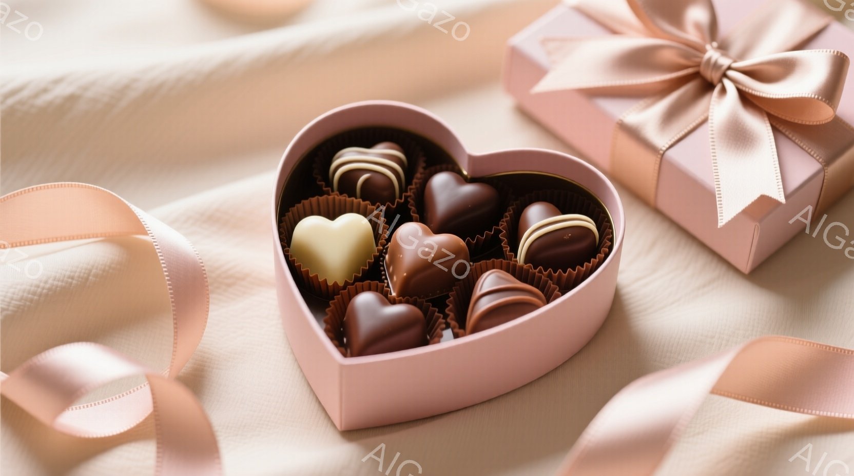 淡いピンク色のハート型の箱の中に、様々なチョコレートが並べられています。箱の隣には、リボンで飾られたピンク色のギフトボックスが置かれ、柔らかいベージュ色の布の上に配置されています。全体的に、ロマンチックで甘い雰囲気が漂い、バレンタインデーや特別な機会を想起させます。
