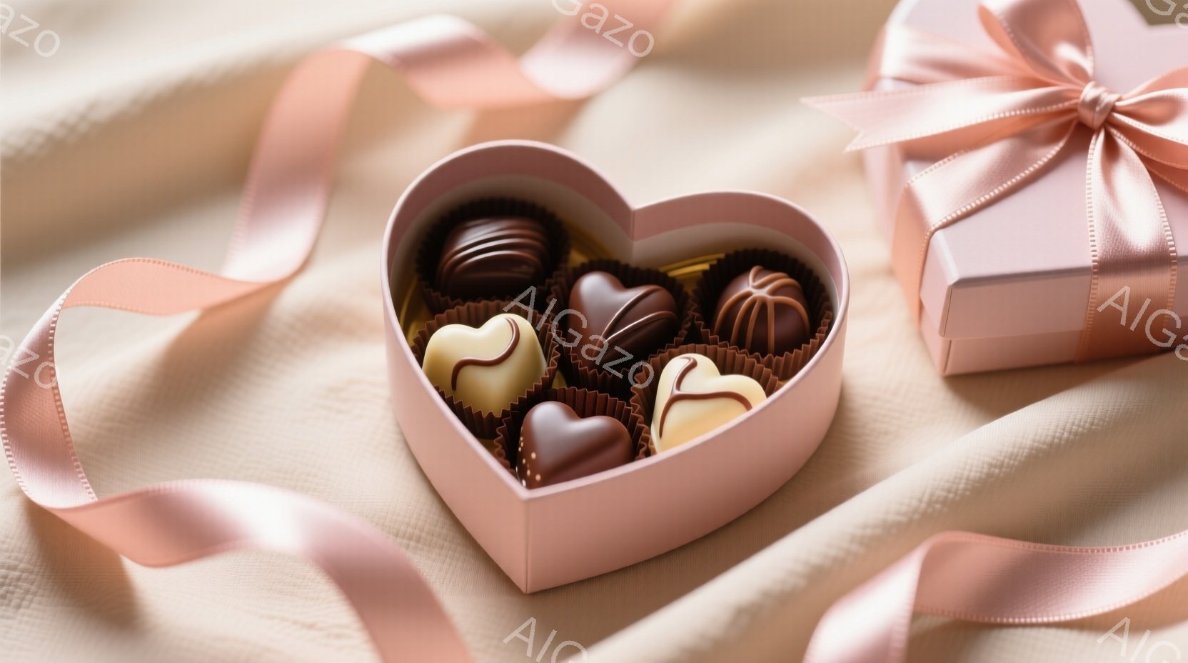 淡いピンク色のリボンと、ハート型のチョコレートボックスが印象的な画像です。ボックスの中には、ミルクチョコレートとホワイトチョコレートの詰め合わせが美しく並び、隣にはピンク色のリボンで結ばれたギフトボックスが見えます。全体的に柔らかくロマンチックな雰囲気で、バレンタインデーや特別な機会に贈るプレゼントを連想させます。