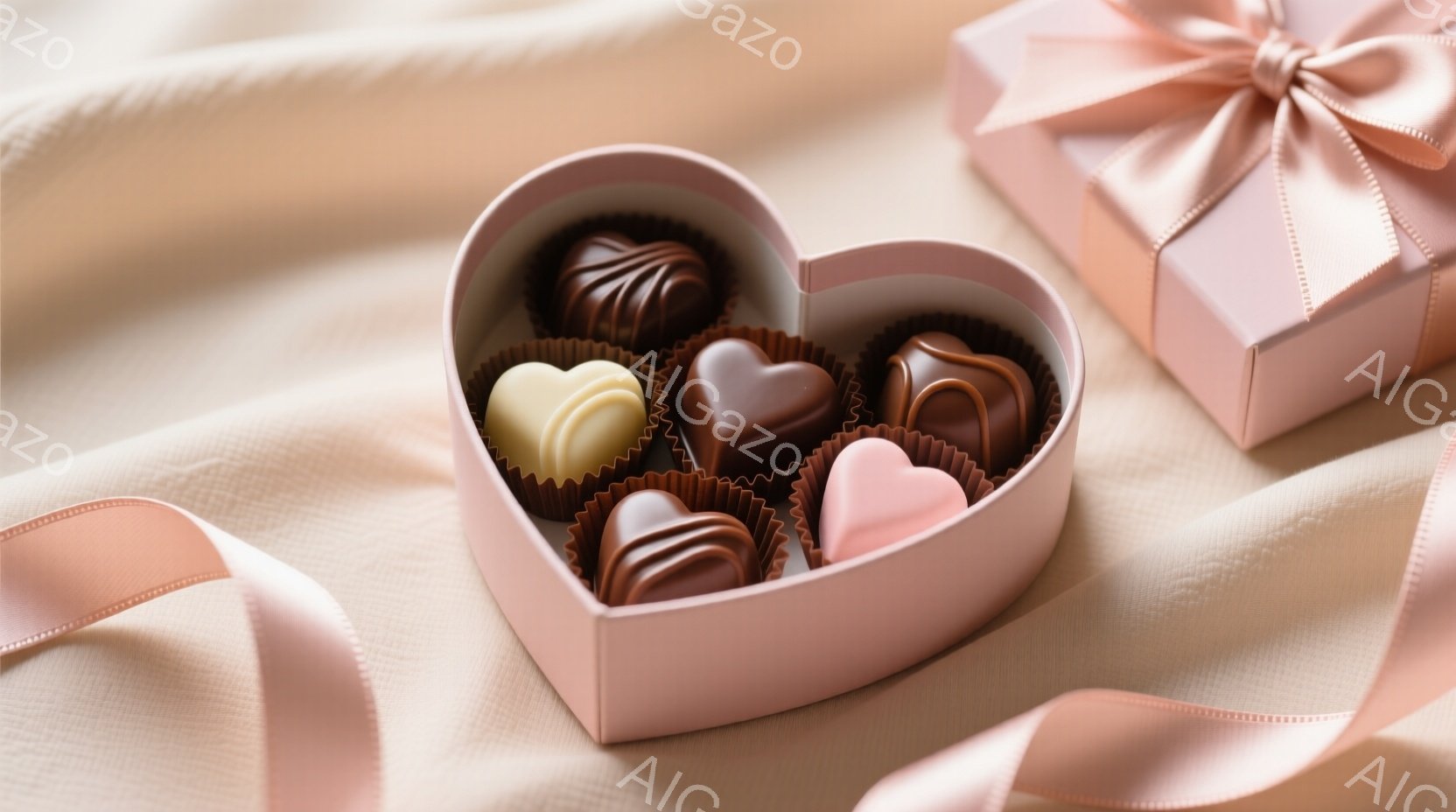 淡いピンク色のハート型の箱の中に、様々な色のチョコレートが並べられています。箱の横には、リボンで結ばれた同じ色のギフトボックスがあり、背景は柔らかいベージュ色の布で覆われています。全体的に甘く、ロマン - AI生成フリー素材