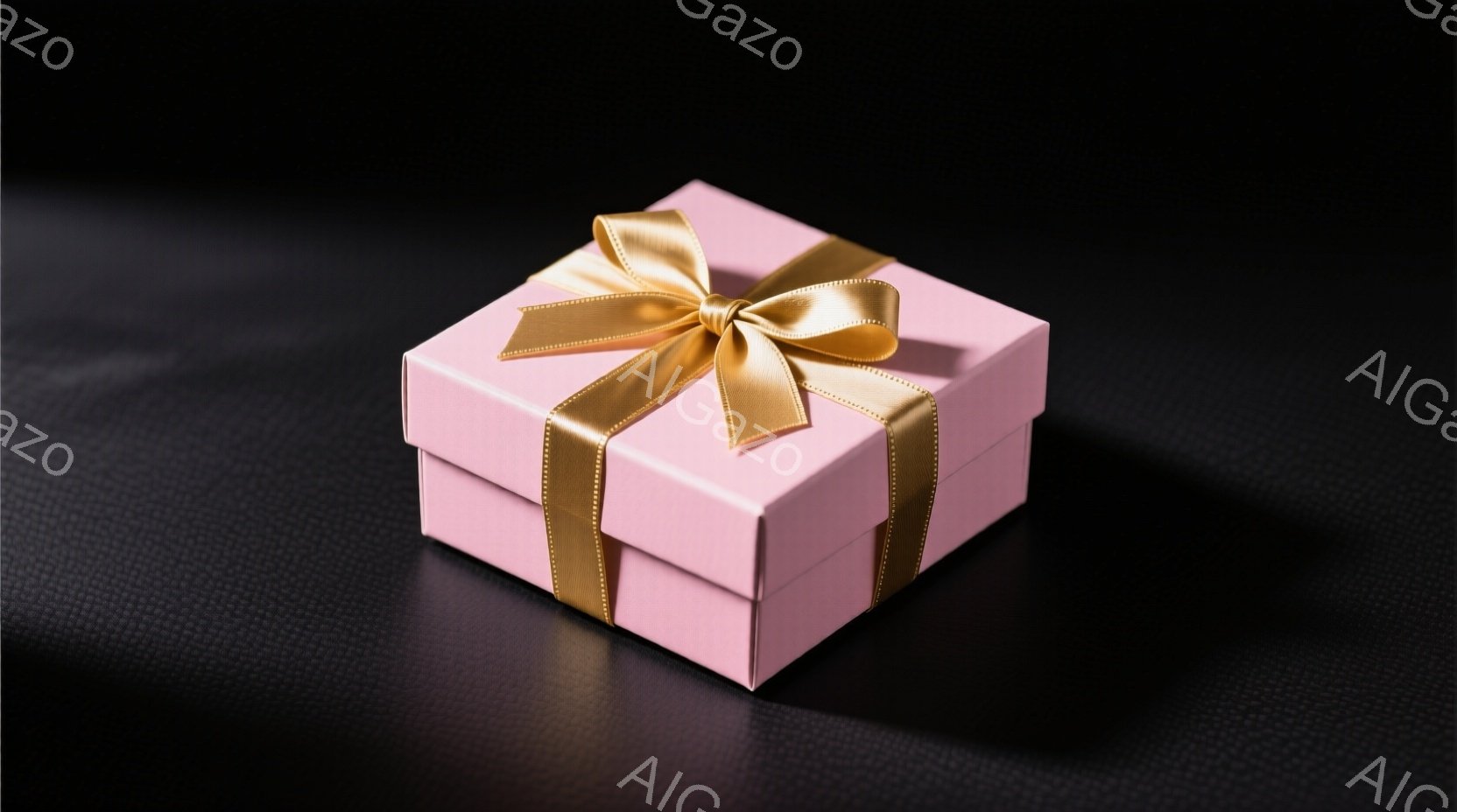 淡いピンク色のギフトボックスが、黒色のテクスチャード背景に置かれています。金色のリボンが丁寧にボックスに巻き付けられ、可愛らしい印象を与えています。影がわずかにあり、立体感と奥行きが感じられます。