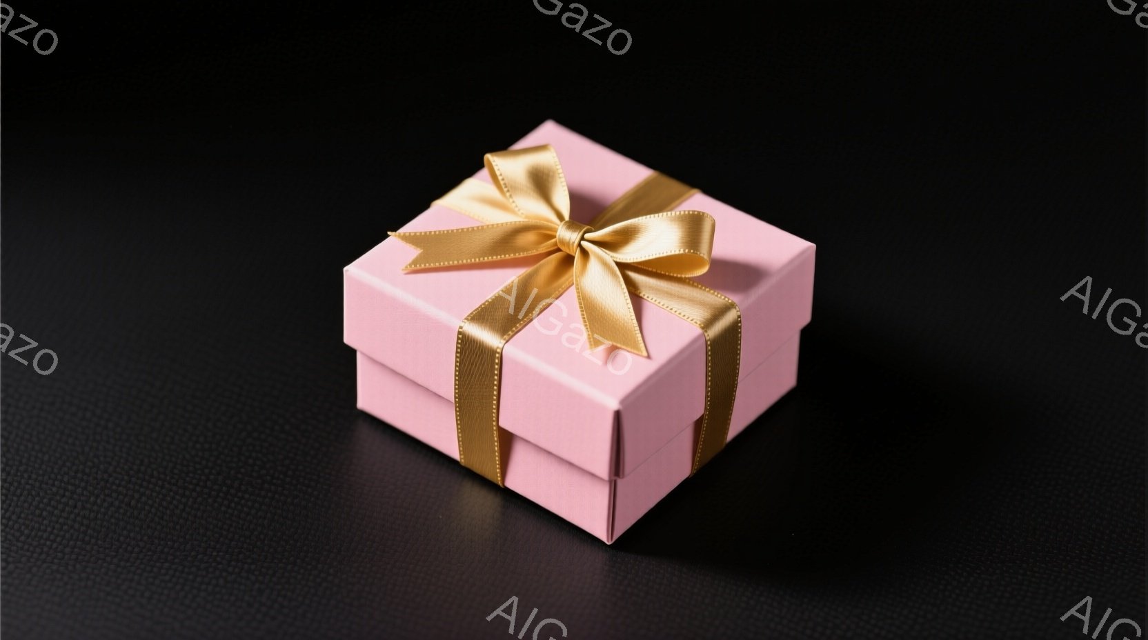 ピンク色のギフトボックスが、黒色のテクスチャード背景に置かれています。ボックスはリボンで飾られており、丁寧にラッピングされている様子が伺えます。全体的に落ち着いた雰囲気で、贈り物に対する期待感や喜びを - AI生成フリー素材