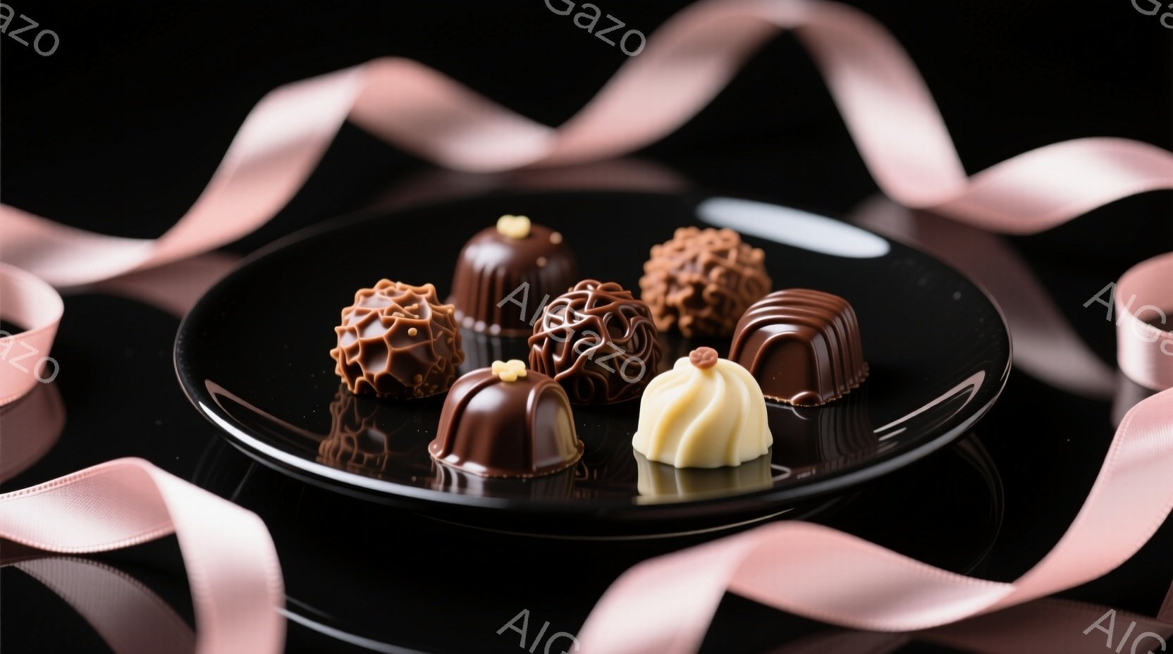 黒色の皿の上に、様々な種類のチョコレートが並べられています。チョコレートはそれぞれ異なる形状と色合いを持ち、一部には金色の装飾が施されています。背景は暗く、ピンクのリボンが皿の周りを飾り、上品で贅沢な - AI生成フリー素材