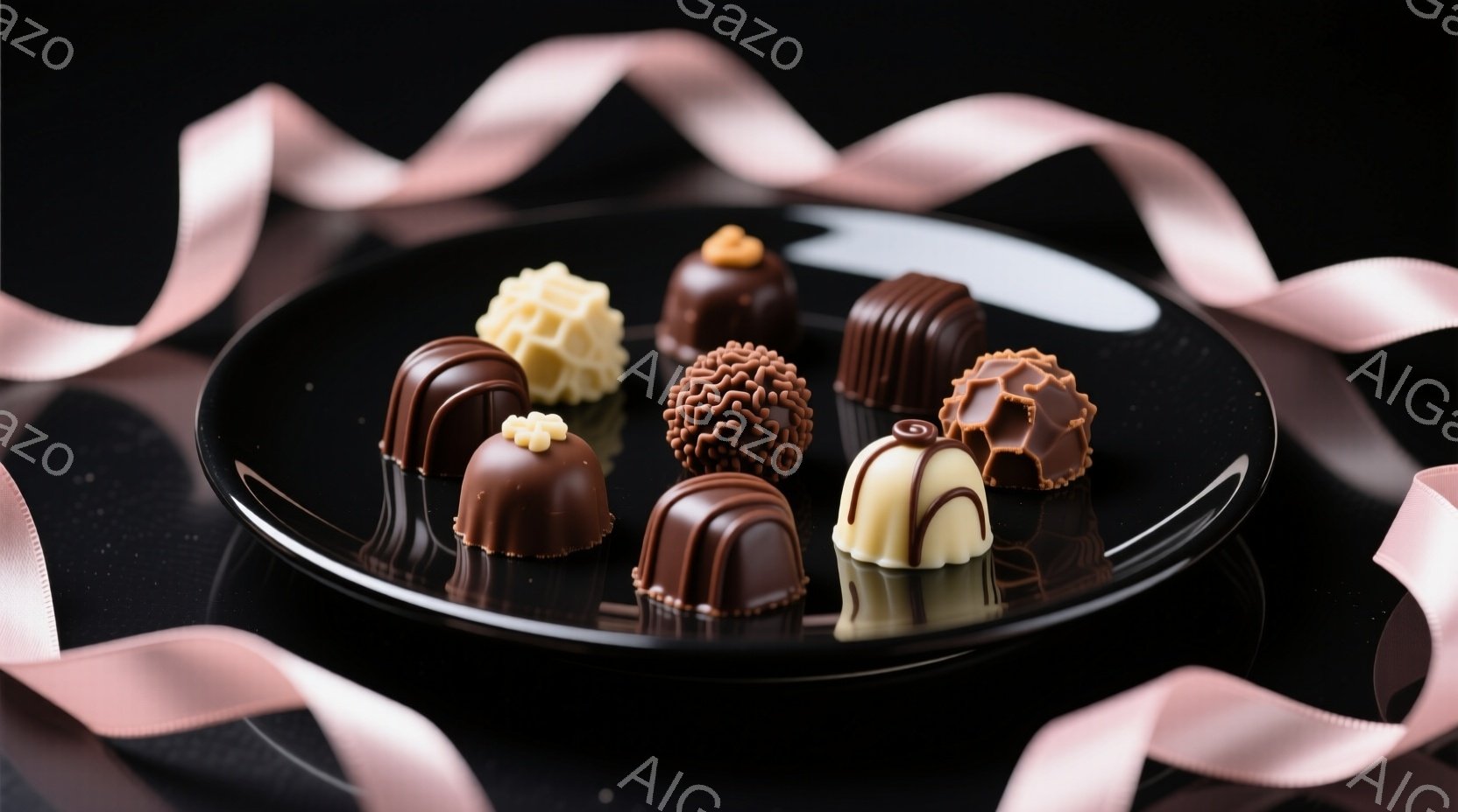 チョコレートが黒い皿の上に美しく並べられています。様々な形と色のチョコレートが、光沢のある表面で反射し、高級感と美味しさを強調しています。背景は暗く、ピンクのリボンが優雅に絡みつき、全体的に洗練された - AI生成フリー素材