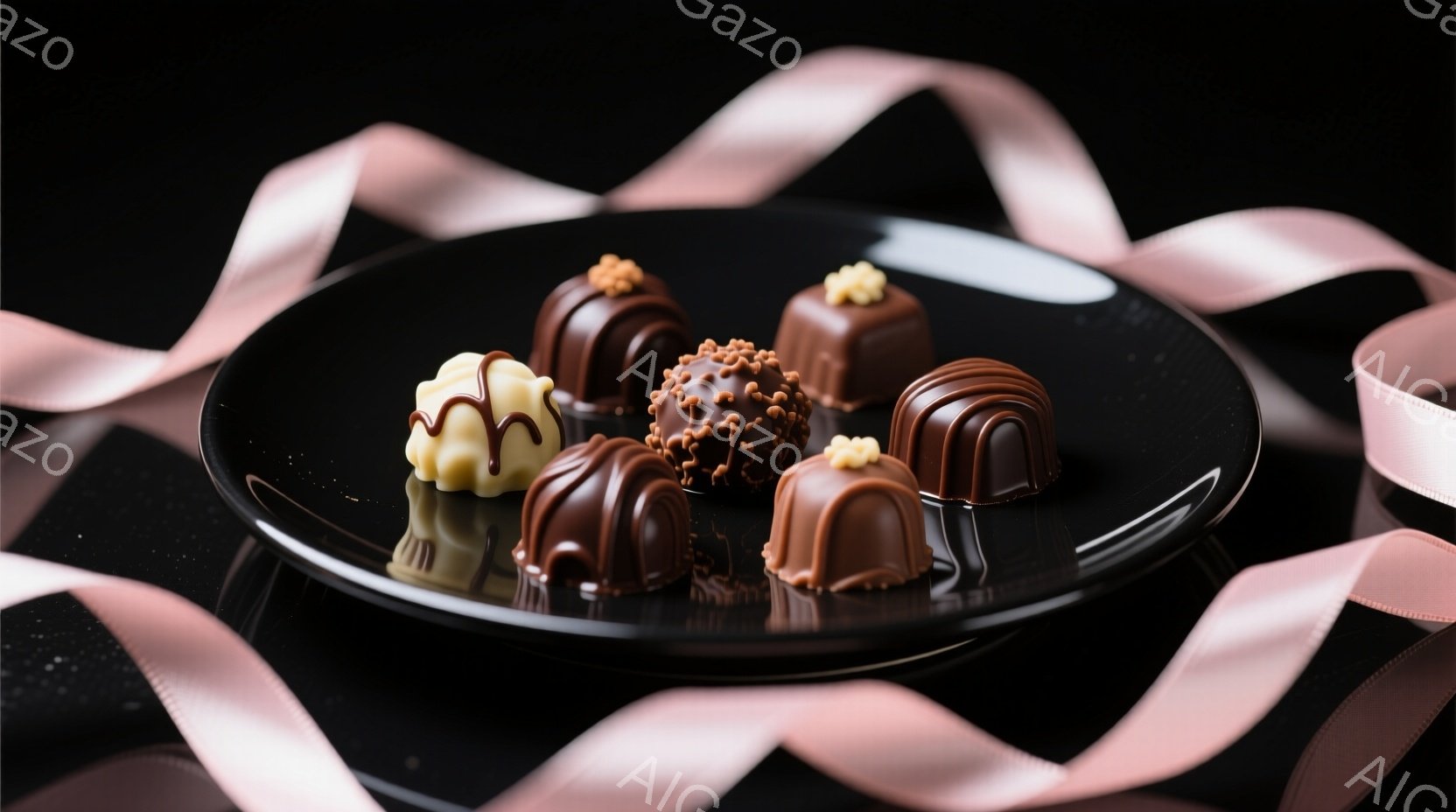 漆黒の背景に、様々なチョコレートが盛り付けられた黒い皿が写っている。チョコレートは、ミルクチョコレート、ダークチョコレート、ホワイトチョコレートなど、色々な種類があり、一部にはナッツやココアパウダーで - AI生成フリー素材