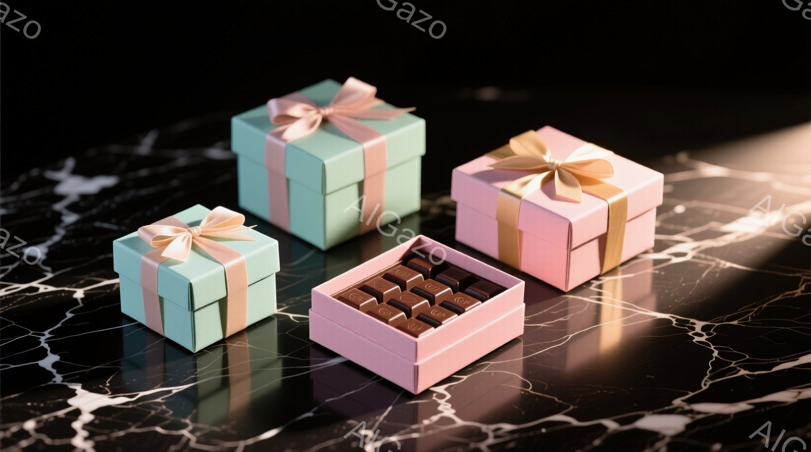画像には、大理石のような背景に、パステルブルーとピンクのギフトボックスと、チョコレートが並んだピンク色の箱が配置されています。ギフトボックスにはそれぞれ薄いピンクのリボンが結ばれており、チョコレートはきれいに整列されています。全体的に、上品で甘い雰囲気を醸し出しており、特別な日のギフトやデザートを連想させます。