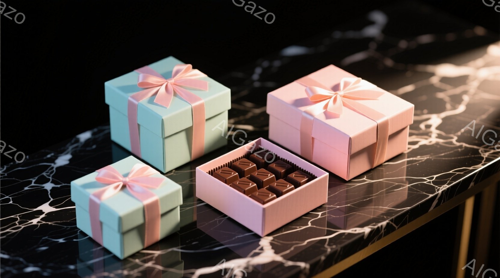 ターコイズブルーとピンクのギフトボックスが、黒い大理石のようなテーブルの上に並べられています。ピンクの箱は開いており、中にはチョコレートが整然と並んでいます。全体的に、洗練された上品な雰囲気で、贈り物や特別な機会を想起させます。