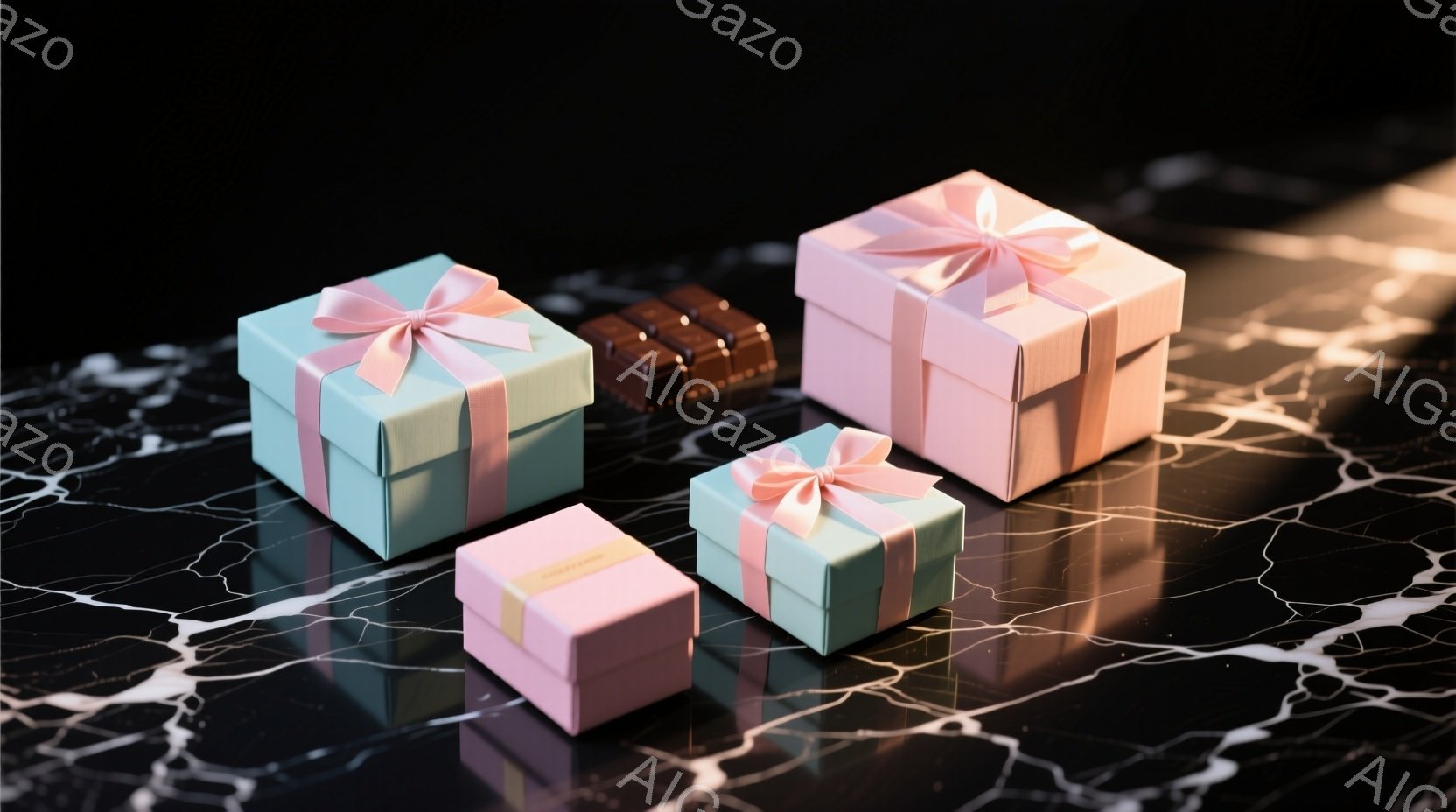 ターコイズブルーと淡いピンク色のギフトボックスが、黒の大理石のような背景の上に並べられています。 それぞれのリボンは、明るいピンク色で結ばれており、その隣にはチョコレートの塊があります。 全体的に、洗練された上品な雰囲気を醸し出しています。