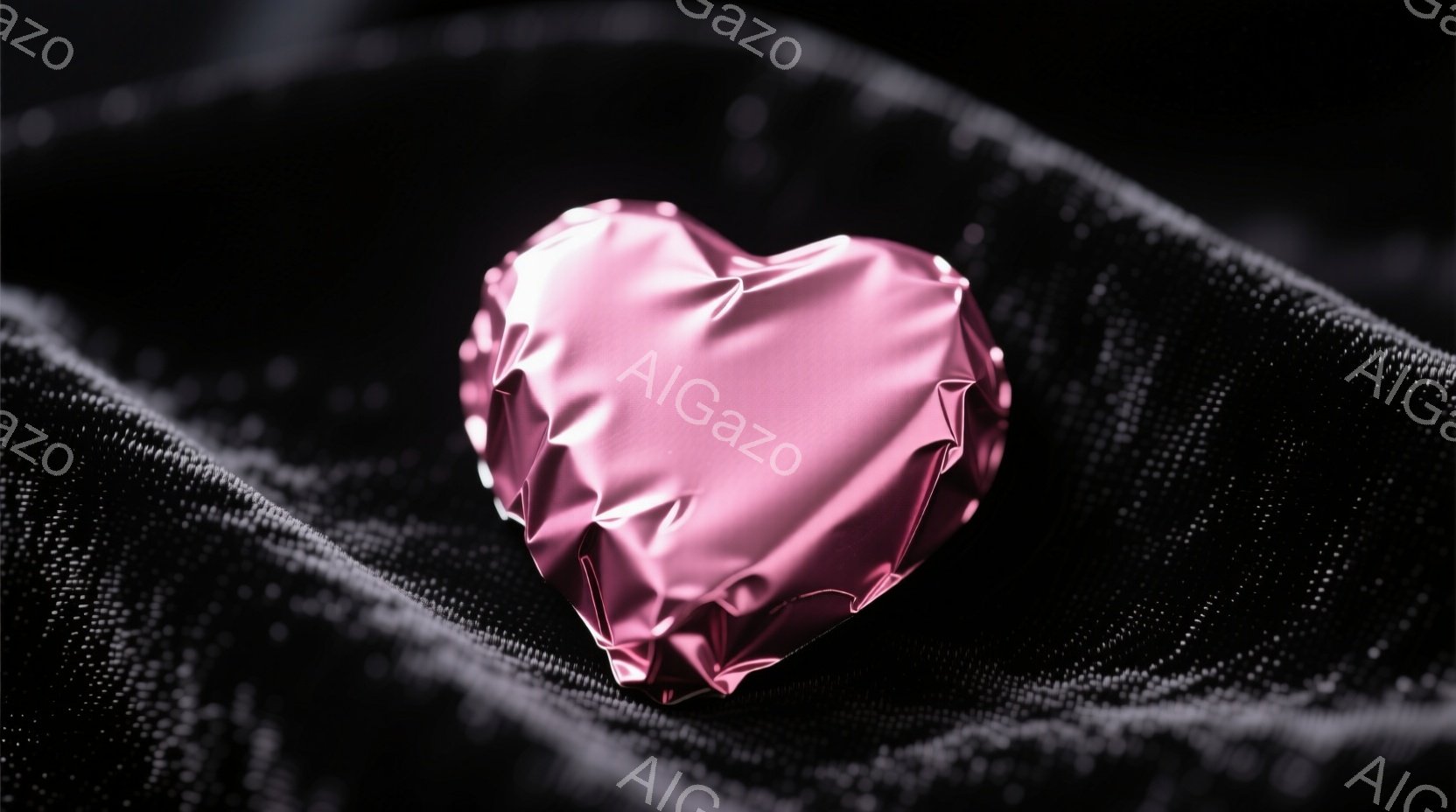 深い黒色のベルベットのような布の上に、シワが寄ったピンク色のハート型の物体が置かれています。光沢のある質感が強調されており、布とのコントラストが印象的です。 全体的に、柔らかくロマンチックでありながら、どこか神秘的な雰囲気を醸し出しています。