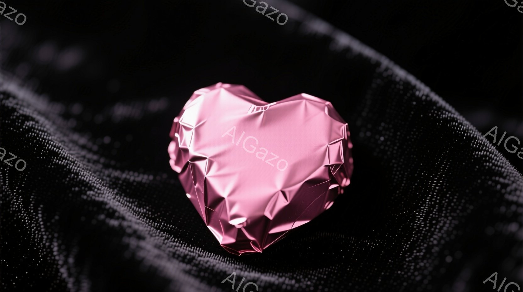 鮮やかなピンク色の多面的なハート型の物体が、黒い、ざらざらした質感の生地の上に置かれています。背景は暗く、生地のテクスチャが際立っており、全体的に未来的な、洗練された印象を与えます。光沢のあるハートの - AI生成フリー素材