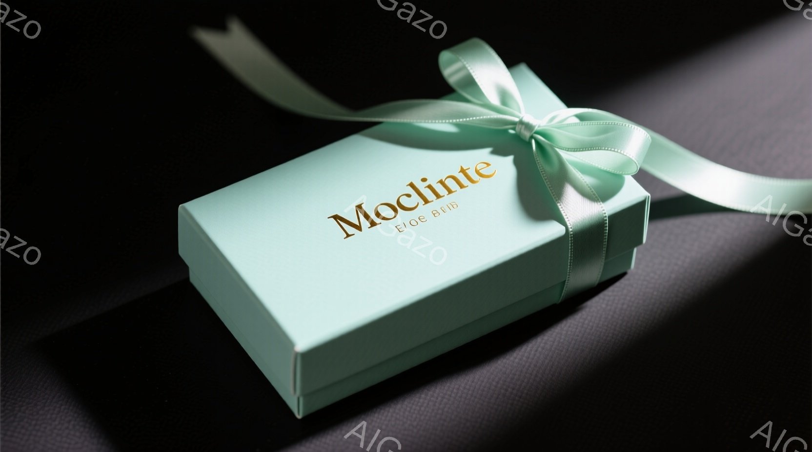 薄い水色のギフトボックスが黒い背景に置かれています。ボックスには金色の文字で「Mocinte」と書かれており、リボンが上品に結ばれています。全体的に落ち着いた雰囲気で、高級感と特別感を演出しています。