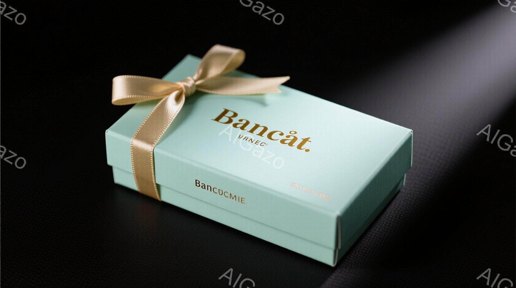 淡い緑色のギフトボックスが黒い背景に置かれています。ボックスには金色のリボンが結ばれ、「Bancat」という文字と「VANEK」という文字が金色のフォントで印刷されています。全体的に上品で洗練された雰 - AI生成フリー素材