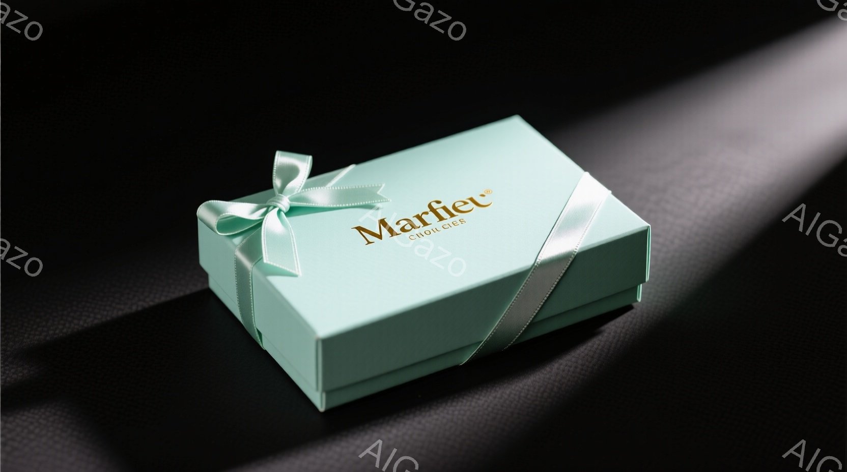 薄いミントグリーンのギフトボックスが、黒い背景に配置されています。ボックスには白いリボンが結ばれており、上部には「Marfiel CHOIS」というロゴが金色の文字で印刷されています。全体的に上品で洗練された雰囲気で、特別な日の贈り物や高級感のある商品を表しているようです。