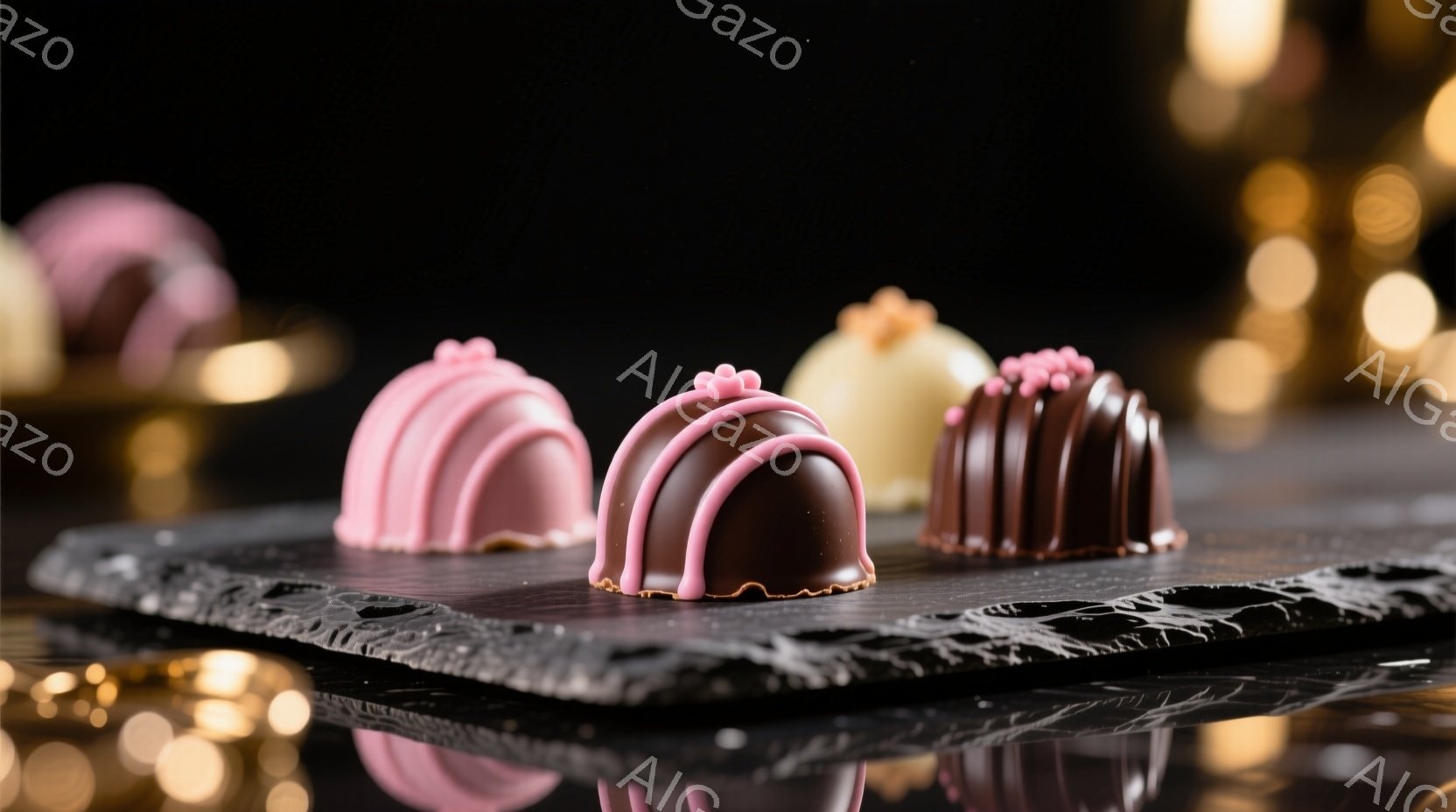 画像には、黒いスレートの板の上に、ピンク、ダークチョコレート、クリーム色の美しいチョコレート菓子が並べられています。それぞれのチョコレートは、花びらのような装飾が施され、繊細で芸術的な印象を与えます。背景にはぼやけた光の点があり、高級感と上品な雰囲気を醸し出しています。