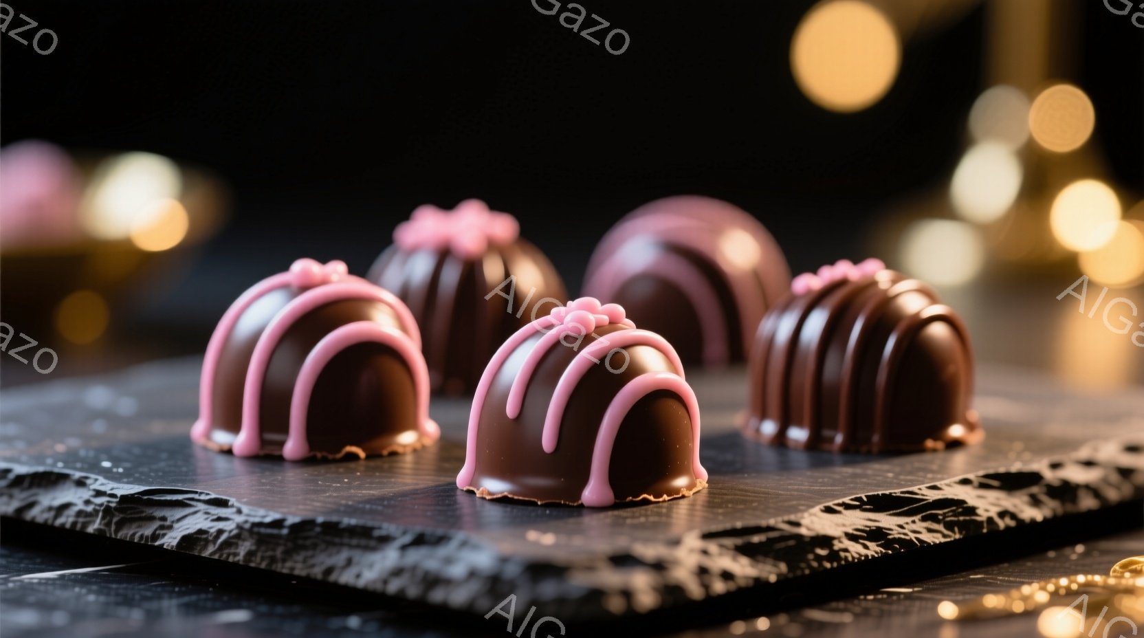 チョコレートの盛り合わせが、黒色のスレート板の上に並べられています。各チョコレートは深茶色で、ピンク色のデコレーションが施されており、手作り感と上品さを感じさせます。背景にはぼんやりとした光のぼかしがあり、チョコレートの甘い雰囲気を引き立てています。