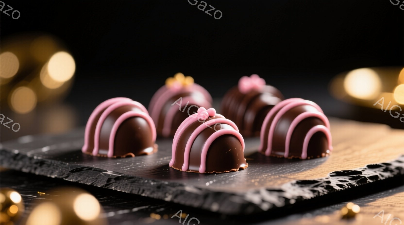 チョコレートの盛り合わせが、黒色のスレート状の皿の上に整然と並べられています。各チョコレートは、濃い茶色とピンク色のコントラストが美しく、上部には可愛らしいピンク色の飾り付けがあります。背景は暗く、ぼ - AI生成フリー素材