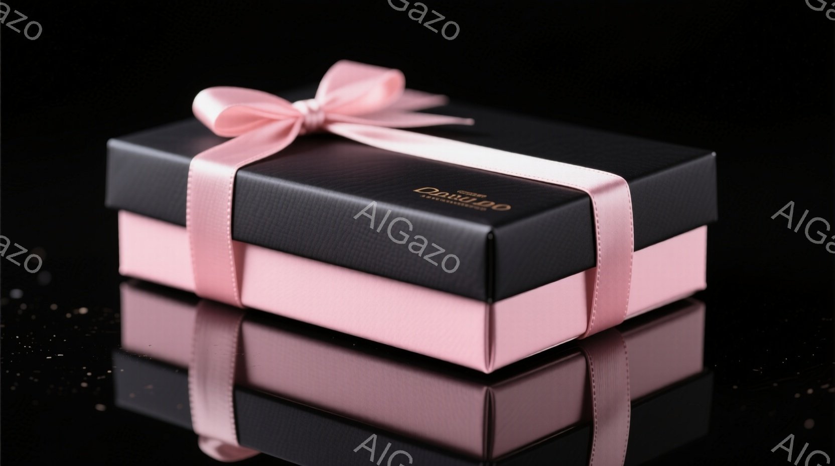 黒色のギフトボックスが、ピンクのリボンで美しくラッピングされています。ボックスは光沢があり、反射面にはボックスの姿が映り込んでいます。背景は暗く、上品で洗練された雰囲気を醸し出しています。