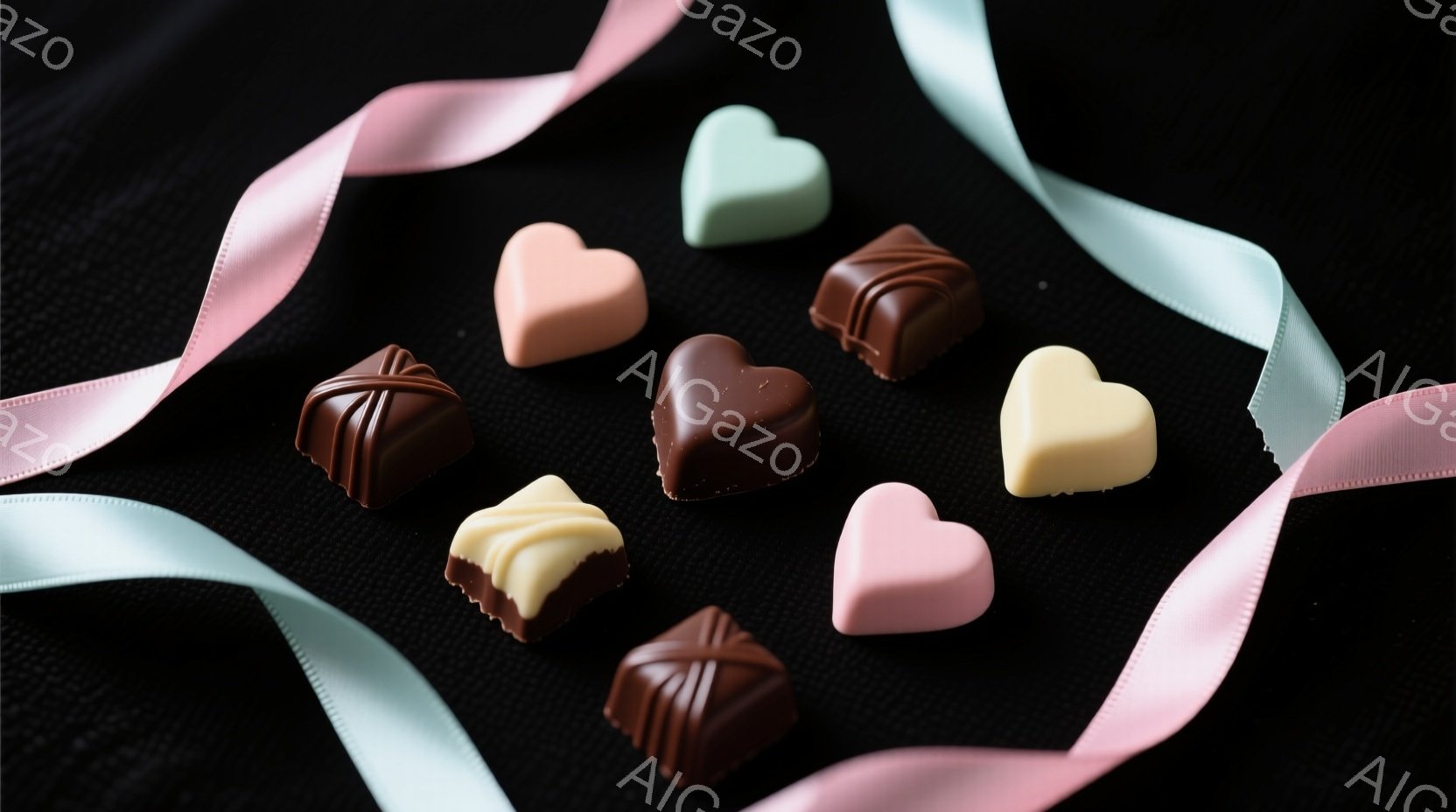 ベルベットのような黒い背景に、様々なチョコレートがハート型に並べられています。ピンクと水色のリボンがチョコレートの間を縫うように配置され、甘くロマンチックな雰囲気を醸し出しています。チョコレートはミル - AI生成フリー素材