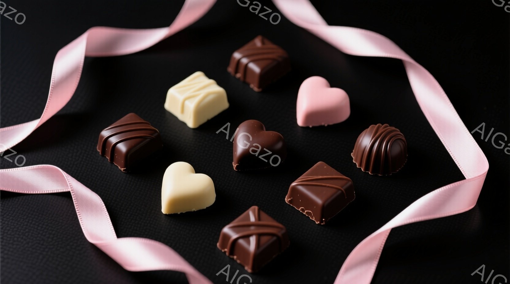 黒い背景に、様々な形のチョコレートが配置されています。ピンクのリボンがチョコレートの周りを飾り、甘くてロマンチックな雰囲気を醸し出しています。チョコレートは、ハート型、正方形型、円錐型など、多様なデザ - AI生成フリー素材