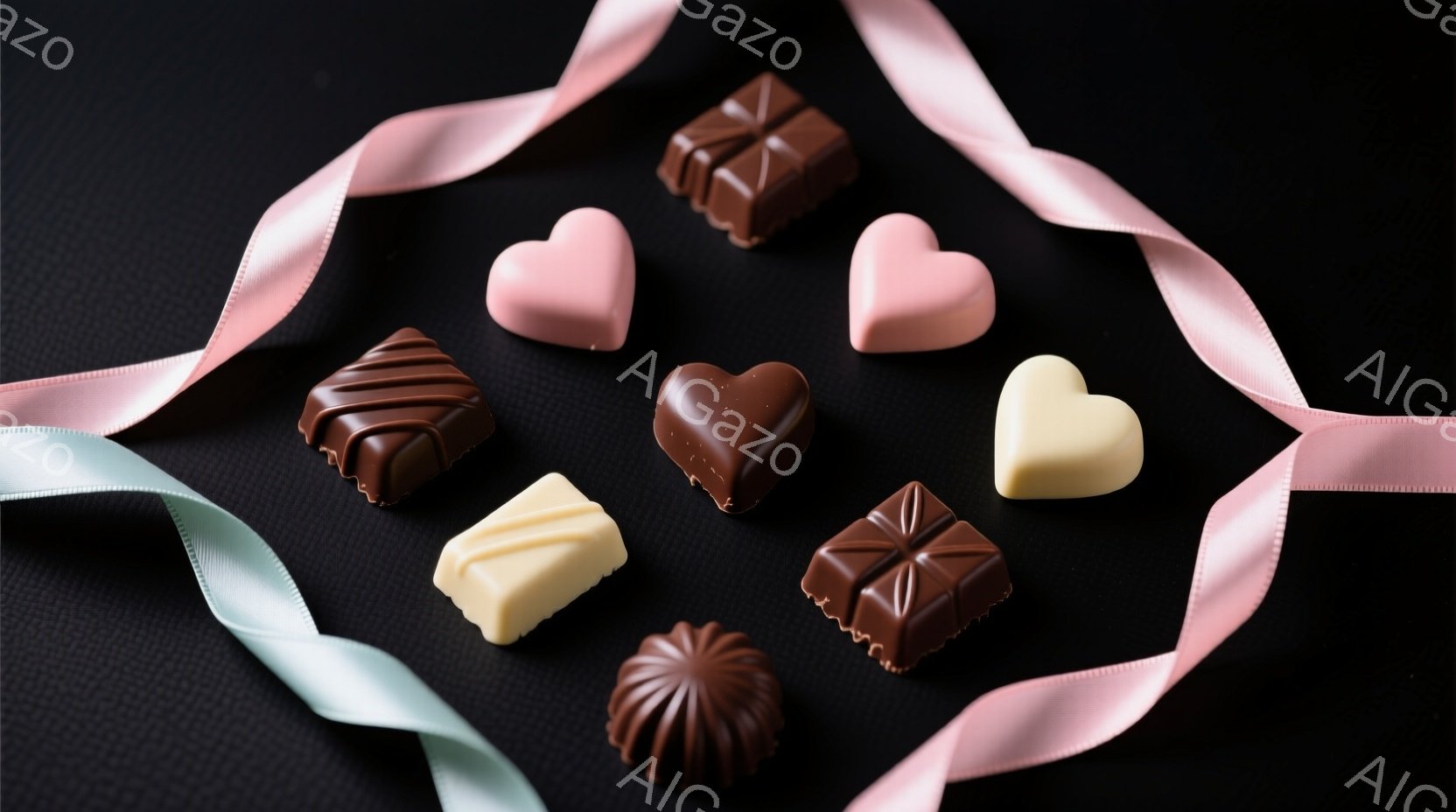 チョコレートが黒い背景に散りばめられ、ピンクと水色のリボンが優雅に絡み合っています。様々な形と色のチョコレート（ハート型、四角、円形など）が並び、高級感と美味しさを感じさせます。全体的に甘くロマンチッ - AI生成フリー素材