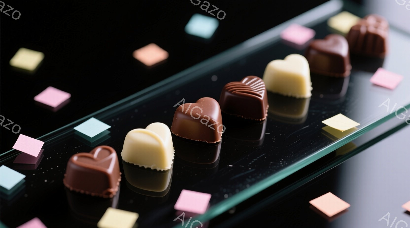 チョコレートのハート型チョコレートが黒い反射面のある表面に整然と並んでいます。様々な茶色と白のチョコレートが、ピンク、黄色、青の小さな正方形のアクセントに囲まれており、洗練された甘い雰囲気を醸し出して - AI生成フリー素材