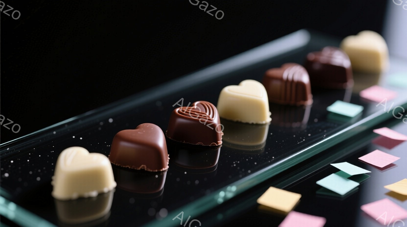 チョコレートがガラスのような台に並べられており、それぞれ異なる色合いと形をしています。背景は暗く、チョコレートがより際立って見えます。小さな色の付いた紙片が台の端に散りばめられており、写真にわずかな遊び心を加えています。