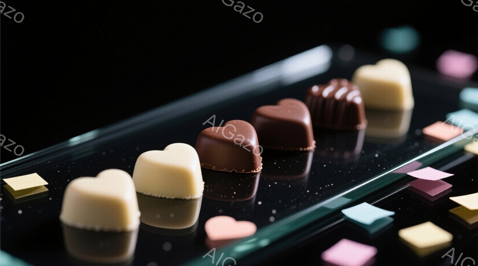 チョコレートの盛り合わせが黒い光沢のある表面に並べられています。様々な形と色のチョコレートが、まるで宝石のように美しく輝き、上品な雰囲気を醸し出しています。背景は暗く、チョコレートのコントラストを際立たせ、洗練された印象を与えます。