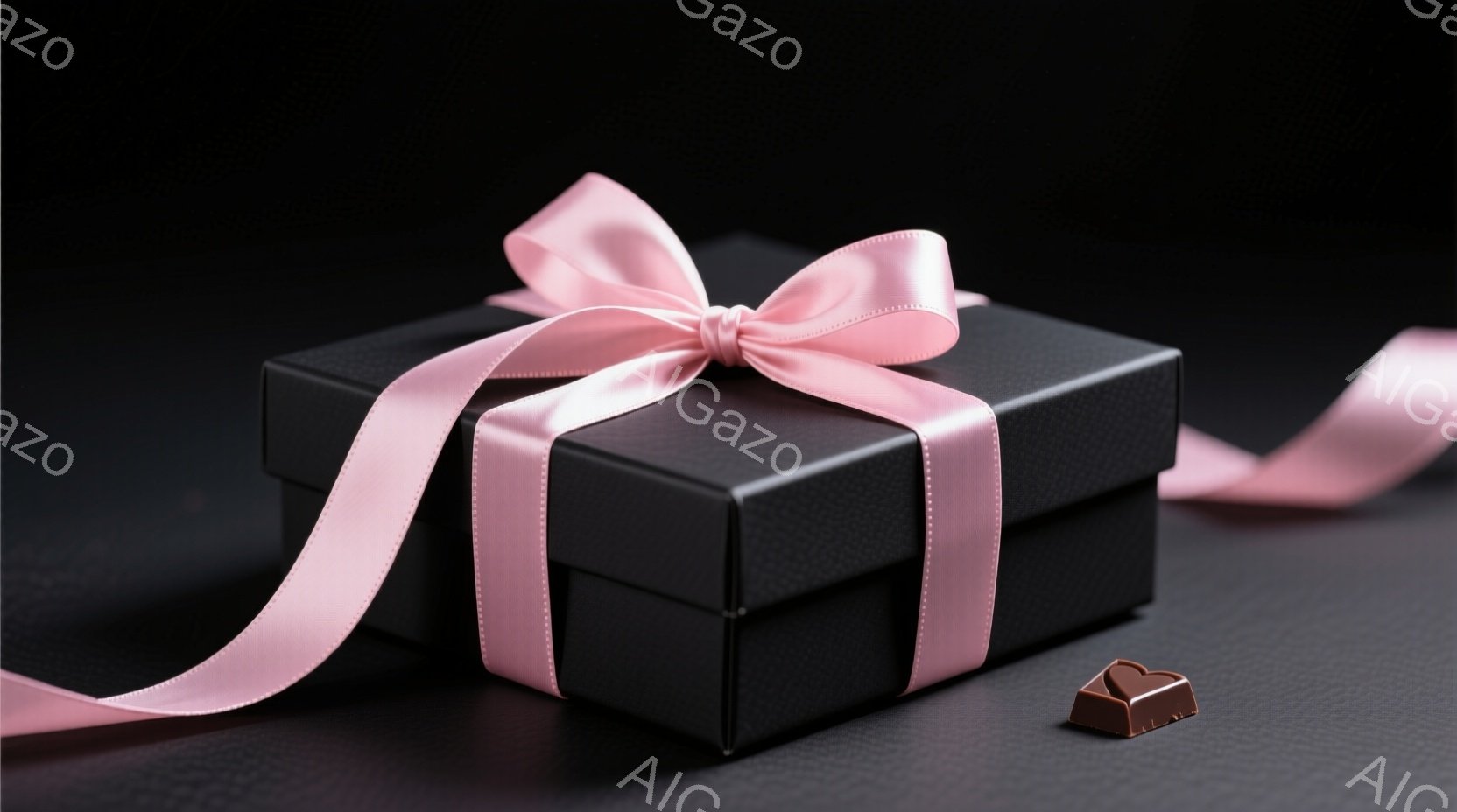 黒いギフトボックスが画面中央に配置され、明るいピンクのリボンで飾られています。リボンは丁寧に結ばれ、箱の周りを優雅に回っています。箱の右下には、チョコレートのハート型のお菓子が一つ置かれており、ロマン - AI生成フリー素材