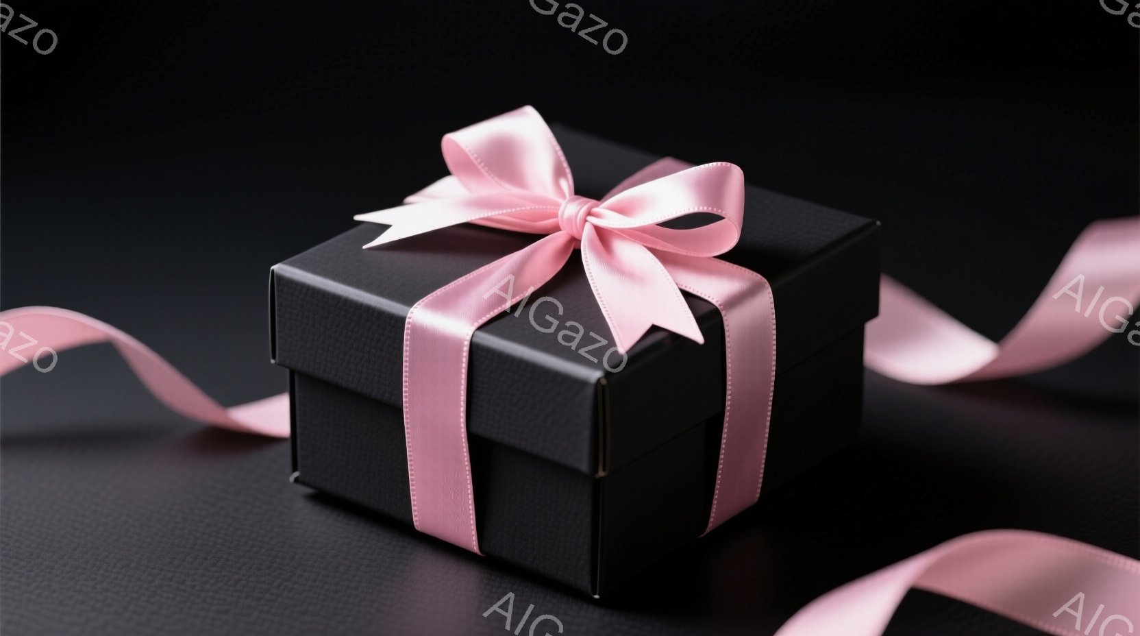 黒いギフトボックスが、背景も黒いテクスチャの表面に置かれています。ボックスはリボンで美しくラッピングされており、淡いピンク色のリボンがエレガントな印象を与えています。光の当たり方から、贈り物に対する期待感や神秘的な雰囲気が感じられます。