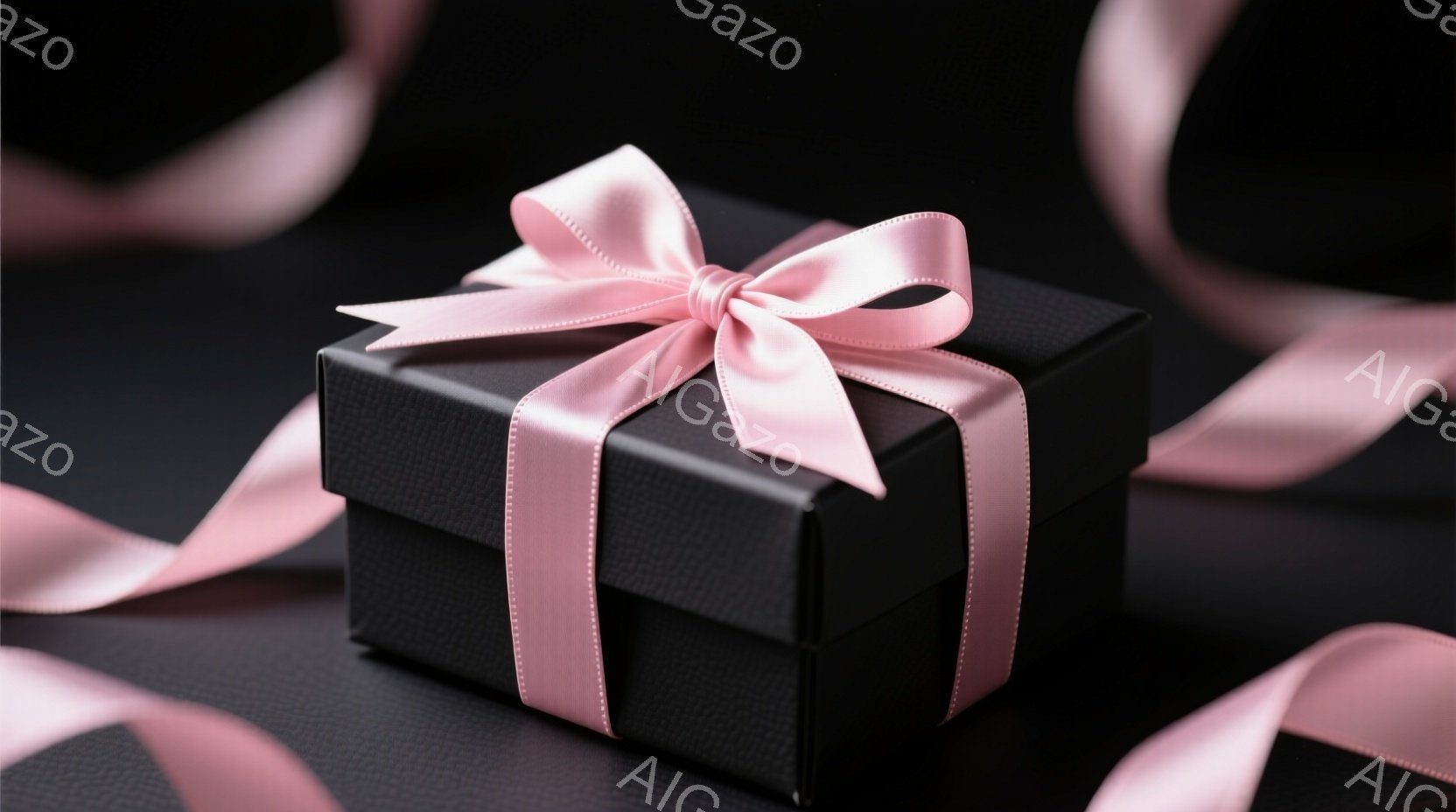 黒いギフトボックスが、ピンクのリボンで美しくラッピングされています。背景は黒く、リボンがボックスの周りを優雅に舞うように配置されており、上品で洗練された雰囲気を醸し出しています。光沢のある質感とコントラストが、贈り物に対する期待感を高めます。